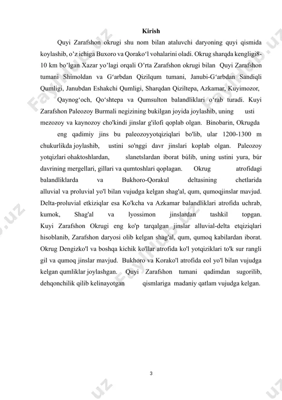 rafshon daryosi amudaryoga quyilaboshlagan. to‘rtlamchidavroxirida ham zarafshon vaqt-vaqtibilan amudaryoga quyilib turgan. lekin, so‘ngra qashqadaryo vasangzor daryolarining zarafshonga quyilmay qo‘yishi natijasidazarafshon tarmoqlanib oqib, qorako‘l deltasini hosil qilgan.qashqadaryo esa janubga burilib, tarmoqlanib, katta delta hosilqilgan bo‘lsa, sangzor daryosi shimol tomon burilib, mirzacho‘l tomonga oqa boshlagan, natijada zarafshon suvi kamayib,amudaryoga yetib bormagan. quyi zarafshon okrugida daryolarning tarmoqlanib oqishiva zilzilalar sodir bo‘lib turishi neotektonik jarayonlar bilanbog‘liq. yaqin davrgacha o‘rta osiyoning tekislik qismi, shujumladan, quyi zarafshon okrugi ham seysmik jihatidanbirmuncha tinch deb hisoblanar edi. lekin zarafshon okrugihududida so‘nggi yillarda zilzilalar (buxoroda 1821—1822-yillarda 8 balli, gazlida 1976- va 1987- yillari 9—10 balli)bo‘lib turishi bu hududniham seysmik rayonga kiritilishigaasos bo‘ldi.quyi zarafshon okrugi va uning atrofi neft-gaz zaxirasigaboy hudud hisoblanib, eng muhim konlari gazli, jarqoq,qorovulbozor, shodi, dengizko‘l va boshqalar hisoblanadi.shuningdek, okrug hududida bir nechta tuz hamda har xilqurilish xomashyo konlari mavjud. quyi zarafshon okrugida qor har yili yog‘adi, lekin uzoq turmay (5—10 kungacha) erib ketadi. qorningga nisbatan5 sm …