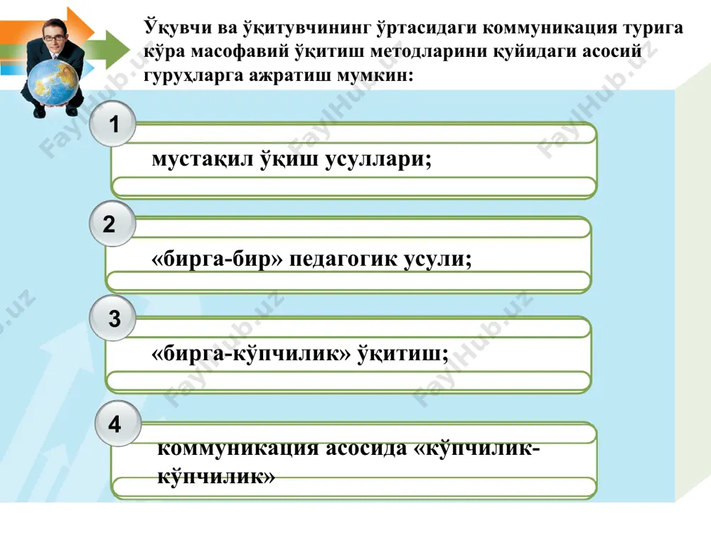 bozorida yaxshi deb topilgan mahsulot egasi bo'lgan ta'lim muassasasi boshqa ta'lim muassasalariga yaratgan o'quv kurslarini beradi, yoxud masofaviy o'qitish orqali mashg'ulotlar olib boriladi. ushbu modelning xarakterli jihati shundaki, ma'lum bir ta'lim muassasasida o'qish niyati bo'lgan talaba etuk oliy muassasaning konsortsiumi orqali o'sha hajmda, lekin yuqori sifatli bilim va o'qish nihoyasida diplom olish imkoniga ega bo'ladi. franchayzing modeli asosida o'qish tashkil etilgan ta'lim mussasalariga ochiq universitet - biznes oliy ta'lim muassasasi va ular bilan muloqotda bo'lgan sharqiy evropa universitetlarini keltirish mumkin. validatsiya masofaviy o'qitishning bu modeli keng tarqalgan o'qitish shakllaridan hisoblanadi. muloqotda bo'lgan barcha ta'lim muassasalari o'zaro teng darajada masofaviy o'qitish bo'yicha bitim tuzadilar. ular birgalikda masofaviy o'qitish dasturi va kursini yaratadilar, beriladigan diplom va sertifikatlar bir xil darajada tan olinadi. yiroqlashgan auditoriya ma'lum bir ta'lim muassasasida tashkil etilgan o'quv kurslari, ma'ruza va seminarlar sinxron teleko'rsatuv, videokonferentsiya, radioaloqa tarzida telekommunikatsiya kanallari orqali talabalar yig'ilgan yiroqdagi auditoriyalarga namoyish qilinadi. bu vaziyatda o'qituvchi …