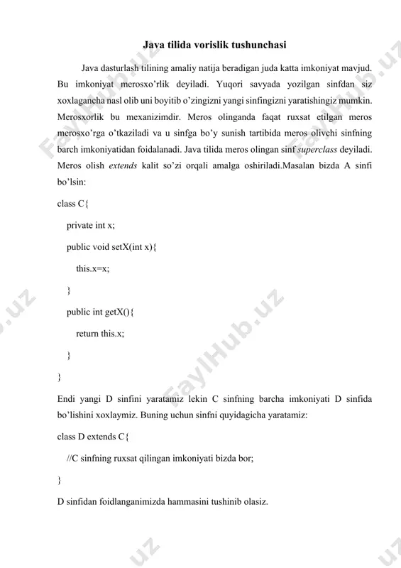 lass ning konstruktori kabi deganidir. xuddikiy superclass konstruktorigamurojatni anglatadi. quyida biz ushbu singladan foidalanishni ko’rsatib beramiz: public class main { public static void main(string[] args) { point p1=new point(); point p2=new point(77,88); point p3=new point(); p1.x=11; p1.y=22; system.out.println(p1.x+" "+p1.y); system.out.println(p2.x+" "+p2.y); system.out.println(p3.x+" "+p3.y); system.out.println(p2.destenc(p1.x, p1.y)); system.out.println(p2.destenc(p1)); point3d p4=new point3d(); point3d p5=new point3d(25,37,44); system.out.println("p4.x="+p4.x+" p4.y="+p4.y+" p4.z="+p4.z); system.out.println("p5.x="+p5.x+" p5.y="+p5.y+" p5.z="+p5.z); system.out.println(p4.desc(p5)); } } ko’rib turganimizdek p1,p2,p3 obektlar point tipidadir, p4,p5 obektlar esa point3d tipiga tegishlidir. polimorfizm va meros polimorfizm bitta interfeysni har xil amallarni bajarishda qo’llashga imkon beradi va “bitta interfays ko’p metodlar” tamoyiliga amal qiladi. polimorfizm tufayli dasturlar murakkabroq ko’rinishga ega bo’ladi, chunki bir xil amallarni aniqlash va bajarish uchun yagona interfays xizmat qiladi. dasturlovchi yoki foydalanuvchi tomonidan bunday yagona interfeys har xil turdagi obektlar uchu qo’llaniladi. mos buyruqni amalga oshirish uchu aniq metod tanlash kompyuter tomonidan obekt turiga qarab amalga oshiriladi. meros obektga yo’naltirilgan dasturlashda muhum mexanizm hisoblanadi. aynan meroslash …