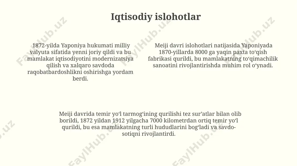 an ustidan nazoratni ta'minladi. meiji restavratsiyasi davrida yaponiyada 1871-yilda xanlar tizimi bekor qilinib, 300 dan ortiq alohida feodal domenlar 3 prefekturaga birlashtirildi. 1872-yilda, meiji hukumati tomonidan tokioda yangi zamonaviy armiya tashkil etildi, bu esa yaponiyaning harbiy qudratini sezilarli darajada oshirdi va keyinchalik osiyoda muhim rol o'ynadi. gʻarb taʼsiri va ochilish 1853-yilda amerika qo'shma shtatlari floti commodore matthew perryning yaponiyaga kelishi va uning zamonaviy kemalari yaponiya hukumatini g'arb mamlakatlari bilan savdo aloqalarini ochishga majbur qildi. meiji davrida g'arb texnologiyalari, xususan, temir yo'l transporti va telegraf kabi sohalarda keng qo'llanilib, 10 yildan kamroq vaqt ichida 2000 km dan ortiq temir yo'l tarmog'i qurildi. buyuk britaniya, fransiya va amerika qo'shma shtatlari kabi g'arb davlatlarining yaponiyaga harbiy maslahatchilari va mutaxassislari yuborilishi yaponiya armiyasi va dengiz floti qurilishida muhim rol o'ynadi. meiji davrining tugashi meiji davrining tugashi yaponiyaning gʻarbiy davlatlar bilan tenglashishga intilishi natijasida 1912-yilda imperator meiji vafot etgani bilan yakunlandi, bu esa 45 yillik …
