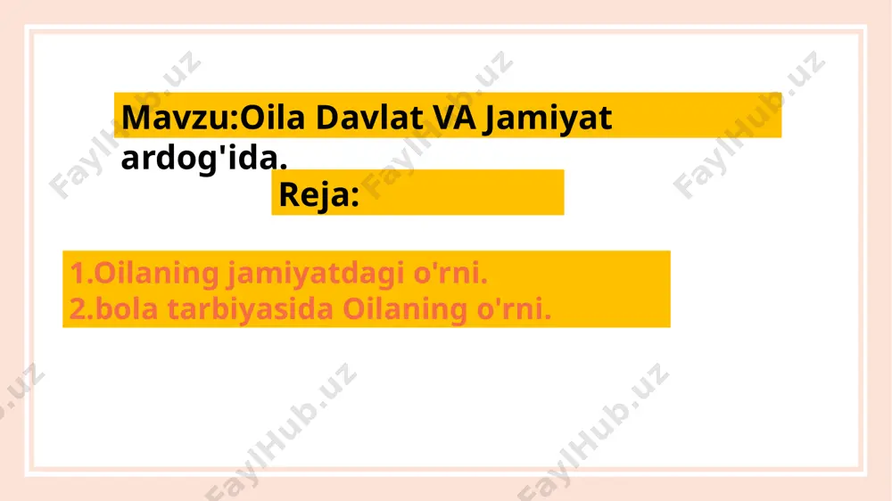 ollar yili munosabati bilan qabul qilingan davlat dasturi mamlakatimizda yashayotgan ayolning hayotiga ijobiy ta'sir ko'rsatmoqda. respublikamizda 2000-yil “sog'lom avlod" yili deb e'lon qilindi. 2000-yilda amalga oshiriladigan ishlar "oila", "ayollar yili"dagi chora-tadbirlarining mantiqiy davomi bo'lib, onalar va bolalar salomatligini mustahkamlash, sog'lom avlodni shakllantirish yuzasidan ko'plab ijobiy natijalarga erishildi. yoshlarni turmush qurishdan avval tibbiy ko'rikdan o'tkazish amaliyoti hayotga joriy qilindi. nogironlikning oldini olish maqsadida respublikamizning barcha hududlarida homilador ayollar va chaqaloqlarni skrining ko'rigidan o'tkazish yo'lga qo'yildi. bolalar organizmida yod tanqisligi oqibatida kelib chiqadigan kasalliklarni oldini olish bo'yicha chora-tadbirlar ishlab chiqildi va amalga oshirilmoqda. respublikada yosh avlodni ma'naviy jihatdan barkamol qilib voyaga yetkazish maqsadida turli mazmunlarda ko'riktanlovlar o'tkazilib kelinmoqda. birinchi chaqiriq o'zbekiston respublikasi oliy majlisining xi sessiyasida qabul qilingan “oila kodeksi” sharqona va umuminsoniy axloq normalari mushtarakligida shakllangan, farovon oilalarning manfaatlarini ta'minlashda muhim huquqiy poydevor bo'ladi. "onalik va bolalik davlat tomonidan muhofaza qilinadi (65-modda). bolaga oilada yaxshi tarbiya berish bola hayotining dastlabki davrlaridan …
