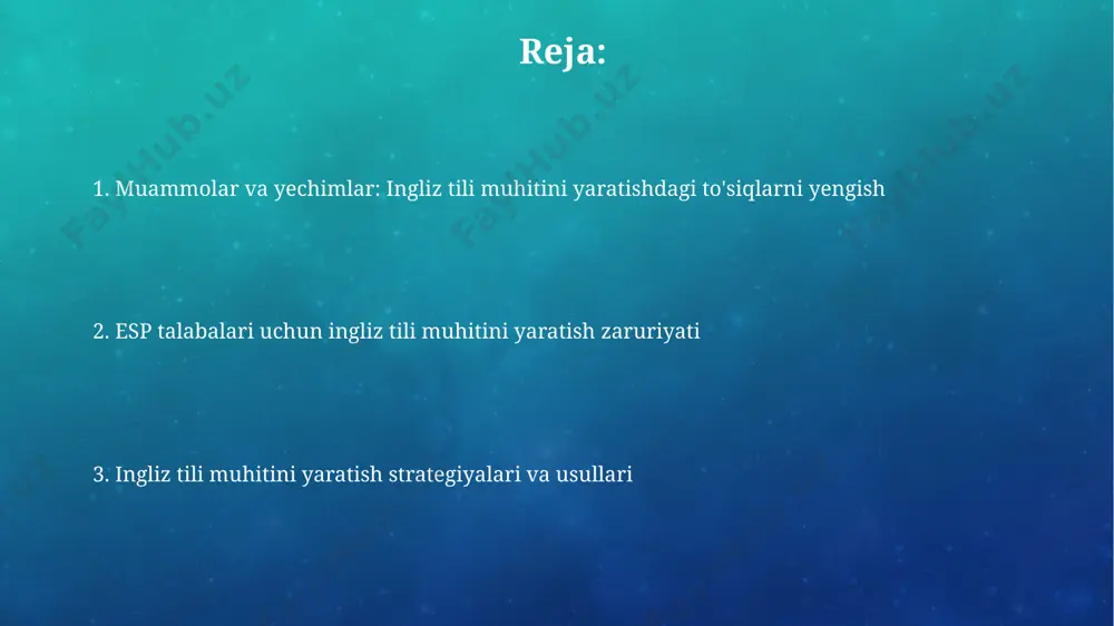 ida muammolarni hal qilish ko'nikmalarini rivojlantirishda 5 xil usul mavjud: 1-bosqich – misollar yechish, 2-bosqich – kichik guruhlarda ishlash, 3-bosqich - keys-stadilar. muammolarni hal qilish qobiliyati esp talabalari uchun juda muhim, chunki ular 3 ta asosiy muammoni yechishda o'zlarining analitik qobiliyatlaridan foydalanib, 100% muvaffaqiyatga erishishlari mumkin. sinfda ingliz tilida muloqotni rag'batlantirish mavzuga oid 5-6 ta inglizcha so'zlarni dars boshida o'rgating va ularni 80% dan kam bo'lmagan o'quvchining muloqotida qo'llashiga erishing. sinfda ingliz tilida muloqotni rag'batlantirish talabalarni jalb qilish strategiyalari esp darslarida talabalarni jalb qilishning 3-strategiyasi: "60 soniyalik savol-javob". o'qituvchi dars oxirida 60 soniya vaqt beradi, talabalar mavzu bo'yicha 1-2 ta savol berishlari mumkin, bu tushunishni tekshiradi. esp o'qitishda talabalarni jalb qilishning 2-strategiyasi: "3 ta qoidaga rioya qiling" o'yini. talabalar mavzu bo'yicha 3 ta asosiy qoidani aniqlab, ularni muhokama qilishlari kerak, bu faol ishtirokni rag'batlantiradi. e'tiboringiz uchun rahmat @taqdimot_robot image3.png image4.jpg image5.jpg image6.jpg image7.jpg image8.jpg image9.jpg image10.jpg