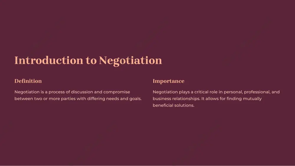nt minimize conflict and avoid negotiation altogether. communication in negotiation 1 clear and concise communicate your needs, goals, and position clearly and directly. 2 active listening pay close attention to the other party's perspectives and concerns. 3 empathy and understanding try to understand the other party's point of view and motivations. 4 respectful and professional maintain a professional demeanor and treat the other party with respect, even in disagreements. active listening 1 focus and concentration pay full attention to the speaker, avoiding distractions. 2 verbal and nonverbal cues listen carefully to both verbal and nonverbal cues, such as tone of voice and body language. 3 summarize and clarify paraphrase the speaker's message to ensure understanding. 4 ask questions clarify any misunderstandings and seek further information. questioning techniques open-ended questions encourage the other party to provide detailed responses. closed-ended questions gather specific information and confirm understanding. leading questions used cautiously to …