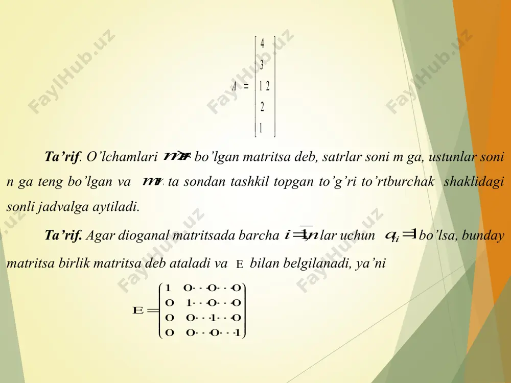 arasiga bo’lgan narxlar 139160205340430p . v soliqsiz narx vektori aniqlang. yechish. dastlab biz narx vektorining qo’llanilashi mumkin bo’lgan quyi skalyar qiymatini aniqlashimiz zarur. soliq stavkasi 17,5 % bo’lganligi uchun qqs da asosiy foiz stavkasi 117,5% bo’ladi. suning uchu soliqsiz narx vektori 111391602053404301.1751.175111111391602053404301.1751.1751.1751.1751.175118.30136.17174.47289.36365.96vp m × n o’lchovli a matritsa berilgan bo’lsin. 111212122212nnmmmnaaaaaaaaaa har bir ija element uchun indeksdagi i element joylashgan satr nomerini va j indeks element joylashgan ustun nomerini anglatadi . masalan: 11a element 1 satr, 1 ustunda joylashgan 12a element 1 satr, 2 ustunda joylashgan 1na element 1 satr, n ustunda joylashgan mna element m satr, n ustunda joylashgan anglatadi. agar m×n o’lchovli a matritsani n×r o’lchovli b matritsaga ko’paytirganda m × r o’lchovli ab matritsa hosil bo’ladi. shuning uchun 111211112111121212222122221222121212nrrnrrnnnrmmmrmmmnaaabbbcccaaabbbcccabcbbbcccaaa deb yoza olamiz, bu yerda 1111111221111211121222121122nnnnmrmrmrmnnrcabababcabababcababab misol. 42126020185a , 100.5176382.54420b bo’lsa , c = ab =? yechish. c matritsa elementlarini matritsalar ko’paytirish qoidasiga ko’ra aniqlaymiz: 11c 4 × …