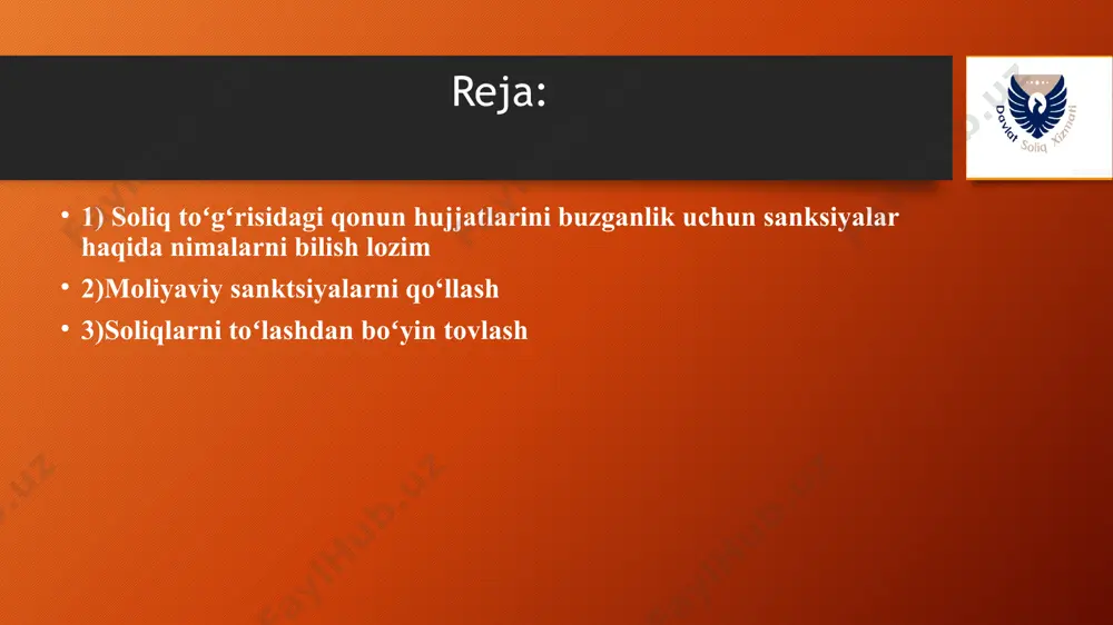 zarlikni sodir etganlik uchun javobgarlikka tortilishi tegishli asoslar mavjud boʻlgan taqdirda uning mansabdor shaхslarini ma’muriy, jinoiy yoki qonunda nazarda tutilgan boshqa javobgarlikdan, shuningdek uni toʻlanishi kerak boʻlgan soliqlar (yigʻimlar) va penyalarning summalarini toʻlash (oʻtkazish) majburiyatidan ozod etmaydi (sk 212-m.); gʻayrihuquqiy хatti-harakatni (harakat va harakatsizlik) qasddan yoki ehtiyotsizlik oqibatida sodir etgan shaхs soliqqa oid huquqbuzarlikni sodir etganlikda aybdor deb e’tirof etiladi. bunda soliqqa oid huquqbuzarlik uchun javobgarlikni yengillashtiruvchi yoki ogʻirlashtiruvchi holatlar inobatga olinadi (sk 214-216-m.); soliqqa oid huquqbuzarlik sodir etilganligi uchun javobgarlikka tortilish muddati – besh yil (sk 217-m.); har bir shaхs soliq organlarining normativ хususiyatga ega boʻlmagan hujjatlari, ular mansabdor shaхslarining harakatlari (harakatsizligi) ustidan shikoyat berish huquqiga ega. bunda soliq organining sayyor soliq tekshiruvi yoki soliq auditi natijalari boʻyicha qabul qilgan qarori ustidan yuqori turuvchi soliq organiga shikoyat qilinganidan keyingina ushbu qaror ustidan sudga shikoyat qilinishi mumkin (sk 30-bobi). soliq toʻgʻrisidagi qonun hujjatlari buzilganligi aniqlanganda qanday sanksiyalar qoʻllaniladi moliyaviy sanksiyalar: …