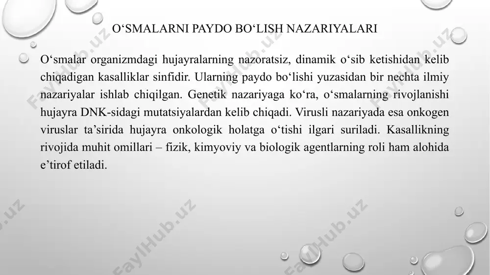 an davolash rejalarini ishlab chiqishda klassifikatsiya asosiy rol o‘ynaydi. shuningdek, statistika va ilmiy tadqiqotlar uchun ham bu yondashuv muhimdir. onkologiyada asosiy tashxislash usullari onkologiyada tashxislash usullari g‘oyat keng va murakkab bo‘lib, o‘smali jarayonlarni erta va aniq aniqlashda muhim o‘rin tutadi. zamonaviy tashxislash usullari klinik, laborator va instrumental tekshiruvlardan iborat. anamnez yig‘ish, umumiy tekshiruv va tasviriy diagnostika asosiy bosqichlardir. klinik tashxislash usullari birinchi navbatda bemor shikoyatlari, kasallik tarixi va hayoti haqidagi ma’lumotlar to‘planadi. so‘ngra umumiy va mahalliy tekshiruvlar, limfa tugunlari, teri va shilliq qavatlarning holati baholanadi. bilvosita klinik belgilar, masalan, vazn yo‘qotish, toliqish va isitma ham diagnostikada e’tiborga olinadi. instrumental tashxislash usullari instrumental tashxislashda rentgenografiya, ultratovush tekshiruvi (utt), kompyuter tomografiyasi (kt), magnit-rezonans tomografiya (mrt), positron-emissiya tomografiyasi (pet) kabi zamonaviy texnologiyalar keng qo‘llaniladi. ushbu usullar o‘smalarning joylashuvi, hajmi va tarqalganlik darajasini aniqlashda asosiy o‘rin tutadi. endoskopik va biopsiya usullari endoskopik tekshiruvlar orqali oshqozon-ichak, bronxlar yoki boshqa ichki a’zolarda o‘smalarning mavjudligini ko‘rish mumkin. …