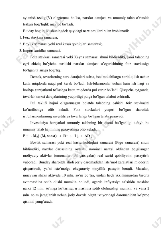 ta’sirida o’zgarishini emas (pigu samarasi), balki boshqa sabalarga ko’ra o’zgarishi nazarda tutiladi. masalan aktsiyalarning narxi keskin o’sishi bilan aktsiyadorlarning boyligi oshadi va ular ko’proq iste’mol kilishga moyil bo’ladi va aksincha uylarning va erlarni narxi keskin pasayishi bilan iste’molchining boyligi kamayadi va u ko’proq jamg’aradi; · iste’molchilar kutishi, ya’ni kelajakda real daromadlarning ko’tarilishi kutilsa, yoki inflyatsiya darajasi yuqoriroq bo’lishi bashorat qilinsa, aholi ko’proq iste’mol qilishni boshlaydi; · iste’molchilarning qarzlari miqdorining o’zgarishi – agar oldingi iste’mol kredit hisobiga qilingan bo’lsa; · iste’molchilar daromadlaridan olinadigan soliqlar miqdorining o’zgarishi, soliqlarning pasayishi ixtiyordagi daromad hajmini oshiradi. 2. investitsiya xarajatlaridagi o’zgarishlar: · foiz stavkasidagi o’zgarishlar, bu erda keyns samarasi emas, balki foiz stavkasini boshka narxlar darajasiga bog’lik bo’lmagan o’zgarishlari nazarda tutiladi. masalan, pul massasining oshishi foiz stavkasini pasaytiradi va natijada investitsiya xarajatlari oshadi; · investitsiyalardan kutilayotgan foyda me’yorining o’zgarishi, masalan, iste’mol xarajatlarning oshishi kutilayotgan bo’lsa, ishlab chikaruvchilarning kutilayotgan foydasi ham oshadi va natijada ular ishlab chiqarishga …