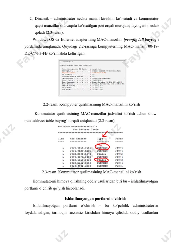 f)# switchport mode access · switch(config-if)# switchport port-security maximum 3 · switch(config-if)# switchport port-security xavfsizlik buzilishiga javob berish (reagirovanie) rejimini sozlash xavfsizlik buzilishiga javob berish ning uchta usuli mavjud: switch(config-if)# switchport port-security violation switchport port-security violation restrict – buzilishga javob berish rejimini ko`rsatish. bunda, agar interfeysda uchinchi notanish mac-manzil paydo bo`lsa, undan keluvchi barcha paketlar qabul qilinmaydi. undan tashqari syslog, snmp trap, violetion counter ka`bi jurnallashtiruvchilarga xabar jo`natiladi. switchport port-security violation shutdown- buzilish aniqlanganda interfeysni error-disabled holatiga o`tkazadi va o`chiradi. undan tashqari syslog, snmp trap, violetion counter ka`bi jurnallashtiruvchilarga xabar jo`natiladi. ushbu holatdan chiqarish uchun shutdown va no shutdown buyruqlaridan foydalaniladi. agar interfeysga switchport port-security violation protect buyrug`i kiritilgan bo`lsa, unda notanish mac-manzil paketlari qabul qilinmaydi va xech qanday xabar yaratilmaydi, hamda port shutdown holatiga o`tmaydi. ushbu usullardan switchport port-security violation restrict ko`pchilik hollarda tavsiya etiladi. mac-manzillar jadvalini tozalash boshqa qurilmalar ulanishi uchun mac-manzillar jadvalini tozalash: switch# clear port-security [all|configured|dynamic|sticky] …