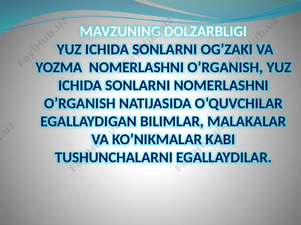 chish; matnli masalalar haqida tushuncha, uning mazmunini tahlil qilish, ularni turli usullarda yechish malakalarini egallash, egallangan bilimlarni ijtimoiy faoliyatda qo’llash; ”ulush”, ”kasr” tushunchasining ma’nosini bilish, ularni yoza olish, sonning ulushini va ulushga ko’ra sonni topish; ”sonli ifoda” tushunchasini o’zlashtirish, sonli ifodaning qiymatini topishni bilish, o’zgaruvchili ifodalar haqida tushuncha, sonli tenglik va sonli tengsizliklar va ularning xossalarini bilish; murakkab sonli ifodalarning qiymatini topish; tenglik va tengsizliklar haqida tushunchaga ega bo’lish va ularni yecha olish; kattaliklar (mahsulot narxi, miqdori va qiymati, to’g’ri chiziqli harakatda masofa, tezlik va vaqt) orasidagi bog’lanishlarga oid masalalar yecha olish; kattaliklar va ularni o’lchash, uni masalalar yechish jarayonida qo’llash; geometrik shakllar bilan tanishish, ularga mos nomlarni bilish, bu shakllarni bir-biridan farqlay olish, geometrik shakllarni yasay olish. yosh avlodni hozirgi zamon fani asoslari bilan kurollatirish orkali ularning akliy jixatdan maksimal darajada rivojlanishlariga erishish umumta’lim maktablari oldida to’rgan eng muhim vazifalardan biridir. matematika o’qitishni metodikasi yoki didaktika matematika tarbiyashunoslik pedagogika …
