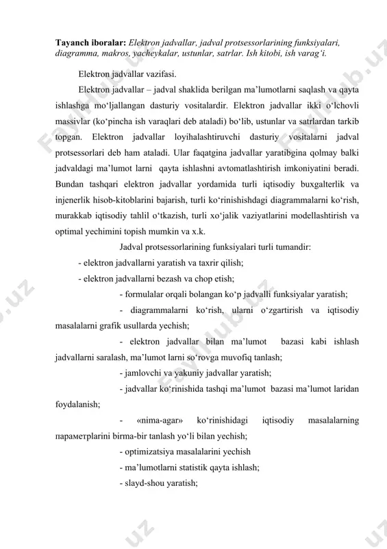 itini foydalanuvchi ehtiyojiga moslashtirish va x.k. - jadval protsessorlari asosan bajaradigan funksiyalari to‘plami va interfeysning qulayligiga ko‘ra farqlanadi. shuning uchun faqat keng tarqalgan dasturiy mahsulotlarni ko‘rib chiqamiz. pc data of reston firmasini ba’olashiga ko‘ra, personal kompyuterlar uchun eng ommaviy bo‘lgan excel (microsoft firmasi), lotus 1-2-3 (lotus development firmasi) elektron jadvallari va quattro pro (word perfect – novell aplications group firmasi) jadval protsessorlaridir. agar 1982 yili yaratilgan lotus 1-2-3 elektron jadvali elektron jadval yaratuvchilar uchun etalon bo‘lgan bo‘lsa, hozirda paytda u o‘zining peshqadam o‘rnini yo‘qotdi. «home ps» jurnali labaratoriyasining o‘tkazgan testi natijalari excelning ko‘p параметрlari bo‘yicha yaqqol ustunligini ko‘rsatdi. lotus 1-2-3 ning yagona ustunligi – uning ishlashi ishlash tezligi, lekin u ham sezilarli emas. elektron jadval yaratishdagi istiqboldagi yo‘nalishlar asosiy yaratuvchi firmalar tomondan turlicha aniqlangan. microsoft firmasi excelning funksional vositalari to‘plamini yaxshilashga asosiy e’tiborning qaratgan va bunda shubhasiz uning mahsuloti boshqa elektron jadvallar orasida peshqadamlik qiladi. excelda ko‘p funksiyalar boshqa elektron …