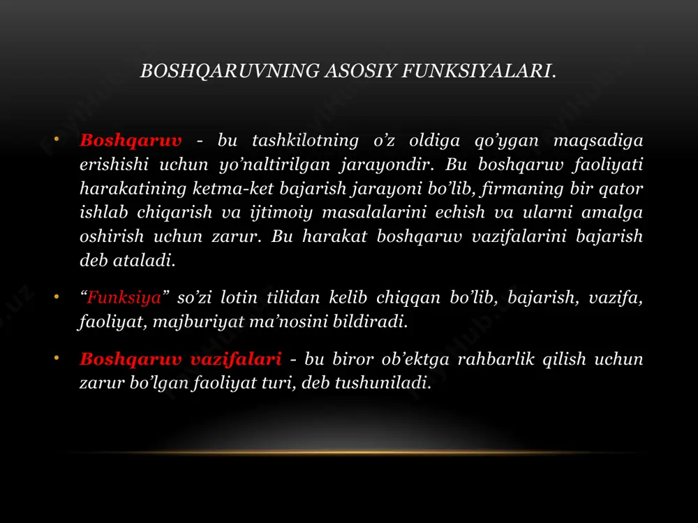 aniqlash. bu jarayon bir vaqtda menejmentning barcha saviyalarida o’zaro muvofiqlashtirilib amalga oshiriladi. bajariladigan ishlar rejasini quyidagi masalalar bo’yicha tuzib chiqish. bunga echiladigan masalaning samarali ekanligini aniqlovchi standartlar ishlab chiqish kiradi. rejalarning boshqarilishini aniq qoida va mulohazalarini ishlab chiqish. mulohaza deganda, qo’yilgan masalani echishda ketma-ket bajaradigan harakatlar tushiniladi. image1.png image3.png image4.png