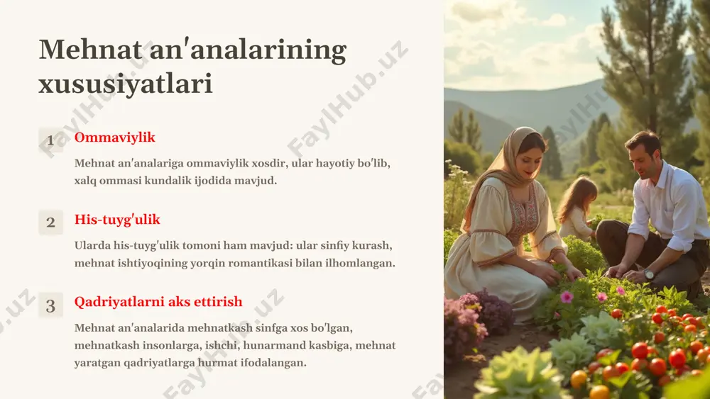 hloq xo'jaligi usullari zamonaviy texnologiyalar bilan uyg'unlashib, yangi ish o'rinlari yaratilishiga olib keladi. mahalliy iqtisodiyot mehnat an'analari asosida rivojlangan sohalar mahalliy iqtisodiyotning rivojlanishiga hissa qo'shadi. turizm an'anaviy mehnat turlari va hunarmandchilik mahsulotlari turizmni rivojlantirishga yordam beradi. 21 mehnat an'analarining jamiyat rivojidagi ahamiyati: ijtimoiy barqarorlik avlodlar aloqasi mehnat an'analari avlodlar o'rtasidagi aloqani mustahkamlaydi. o'zaro hurmat jamiyatda o'zaro hurmat va hamjihatlikni shakllantiradi. ijtimoiy birlik mehnat an'analari jamiyatning turli qatlamlari o'rtasida ijtimoiy birlikni ta'minlaydi. tinchlik bu esa ijtimoiy barqarorlik va tinchlikni ta'minlashga xizmat qiladi. 22 kelajak avlod uchun mehnat an'analarining ahamiyati 1 o'tmish va kelajak ko'prigi mehnat an'analari o'tmish va kelajak o'rtasidagi ko'prik vazifasini bajaradi. 2 ajdodlar tajribasi ular orqali biz ajdodlarimizning boy tajribasi va donishmandligini o'zlashtirish imkoniga ega bo'lamiz. 3 zamonaviy ko'nikmalar zamonaviy dunyoning talablariga javob beradigan ko'nikma va qadriyatlarni shakllantiramiz. 23 mehnat an'analarining kelajak avlod uchun ahamiyati: milliy o'zlikni anglash 1 madaniy merosni asrash mehnat an'analari orqali milliy madaniy merosni asrash …