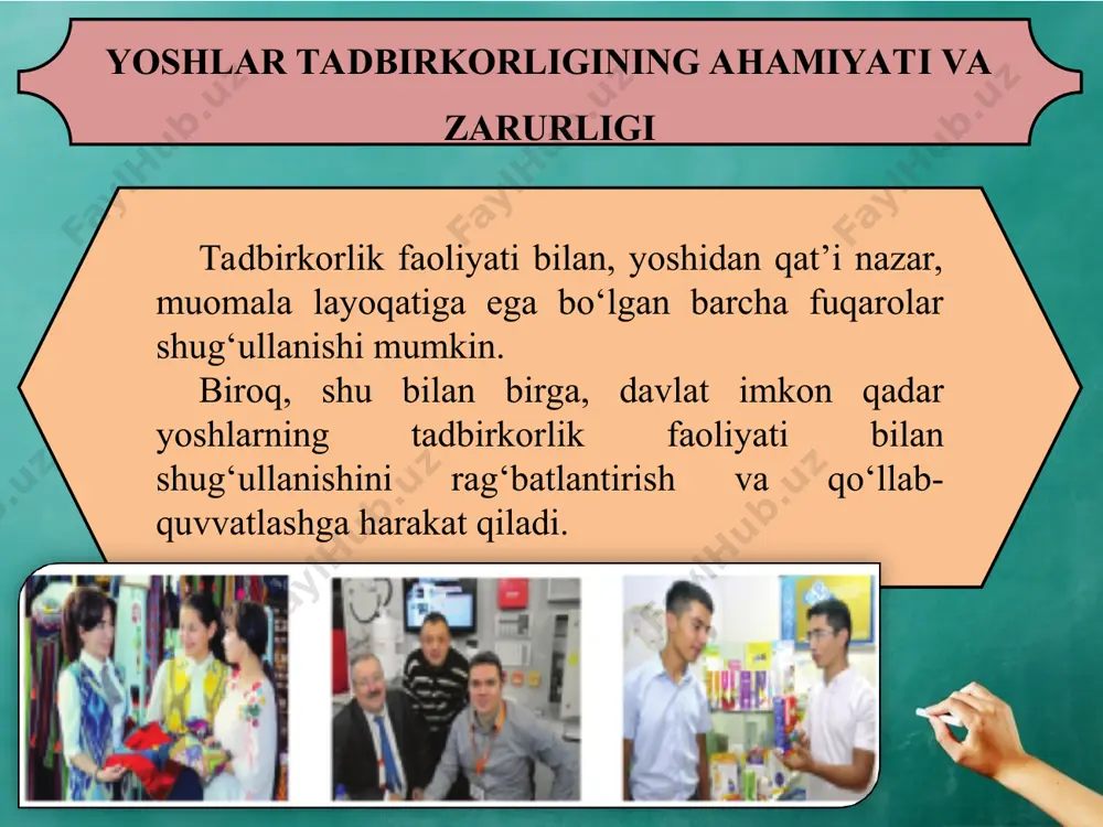2017-yil 16-oktabrdagi «yoshlar tadbirkorligi klasterlarini yaratishning tashkiliy chora-tadbirlari to‘g‘risida»gi qarori qabul qilindi. iqtisodiyotda faoliyati o‘zaro bog‘liq bo‘lgan, masalan, xomashyo va materiallar yetkazib beruvchi, infratuzilma xizmatlari ko‘rsatuvchi, ilmiy tadqiqot muassasalari va boshqa tashkilotlar guruhining muayyan hududga jamlanishi klaster deb nomlanadi. klasterning tashkil etilishi mazkur tashkilotlarning faoliyat natijalarini yaxshilab, raqobatdoshligini oshiradi. klaster – muayyan hududda jamlangan o‘zaro bog‘liq tashkilotlar guruhi. yoshlar tadbirkorligi klasterlari – muayyan hududda yoshlarning tadbirkorlik faoliyatini tashkil etish va amalga oshirishda imtiyozli xizmatlar va qulay shart-sharoitlar bilan ta’minlashga qaratilgan o‘zaro bog‘liq tashkilotlar guruhi. yoshlar tadbirkorligi klasterlari respublika tuman markazlari va shaharlarida yuridik shaxs tashkil etilmasdan yaratiladi. ularning faoliyatini boshqarish o‘zbekiston yoshlar ittifoqi tuman va shahar kengashlari zimmasiga yuklanadi. klasterlarda joylashgan ishlab chiqarish maydonlari faqat o‘zbekiston yoshlar ittifoqi a’zosi bo‘lgan yosh tadbirkorlarga, korxonasi oyoqqa turib olguncha bo‘lgan davrda, lekin 5 yildan ortiq bo‘lmagan muddatga ijara to‘lovining «nol» qiymatida beriladi. klasterlar o‘ziga xos biznes-inkubator sifatida ishlab, yoshlarga tadbirkorlik bo‘yicha maxsus o‘quv …