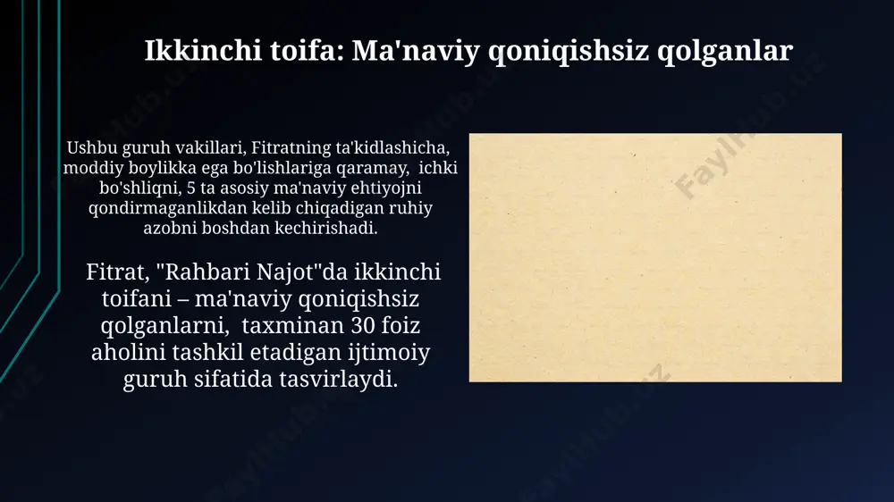 sbiy va vaqtinchalik ekanligini, ularning haqiqiy baxtga olib kelmasligini 3 ta misol orqali ko'rsatadi. fitrat, "rahbari najot"da dunyoviy muvaffaqiyatlarning 20 yildan keyin ham, 50 yildan keyin ham yo'qolib ketishini, 100 yildan keyin esa hech qanday ahamiyat kasb etmasligini ta'kidlaydi. ma'naviy rivojlanishning ahamiyati ma'naviy rivojlanish jarayonida o'z-o'zini anglash darajasi 10 ball shkalasida 7 ballga yetganda, insonning baxtlilik darajasi sezilarli darajada ortadi. ma'naviy rivojlanish insonning 5 ta asosiy ehtiyojini (fizik, ijtimoiy, intellektual, emotsional va ma'naviy) muvozanatlashtirishga yordam beradi, bu esa umumiy farovonlikni 20% ga oshiradi. allohga bo'lgan ishonch va tavakkalning ahamiyati fitrat, "rahbari najot"da allohga bo'lgan ishonchni 2 asosiy toifadagi baxtsiz odamlarning muammosini yechishning 1-qadam deya ta'kidlaydi; bu ishonch insonni tashvish va umidsizlikdan xalos etadi. ushbu risolada 3 xil sinov - dunyoviy, ruhiy va imtihonlarni engishda tavakkalning ahamiyati ta'kidlanadi; bu esa 100% muvaffaqiyat kafolatini bermaydi, lekin insonni sabr-toqatli qiladi. ma'naviy qashshoqlikning belgilari va oqibatlari ushbu holat ruhiy tushkunlik, ijtimoiy izolyatsiya va hayotga …