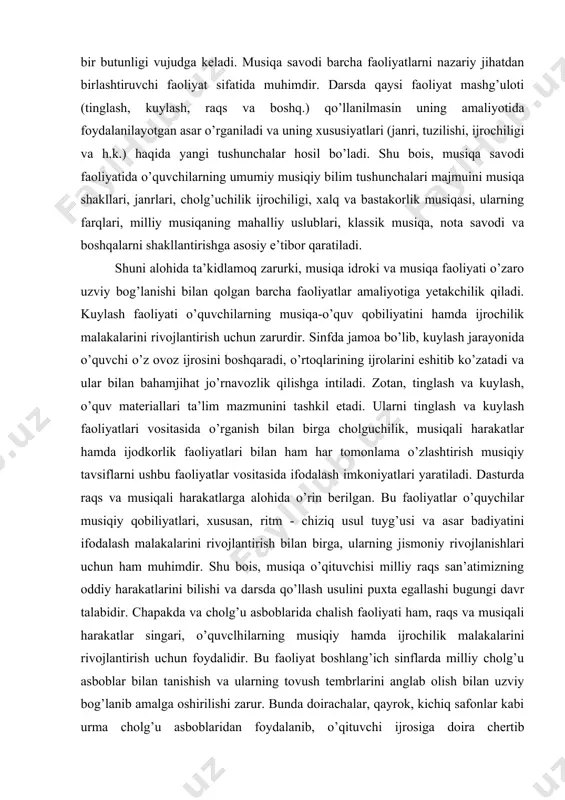 hun zarurdir. sinfda jamoa bo’lib, kuylash jarayonida o’quvchi o’z ovoz ijrosini boshqaradi, o’rtoqlarining ijrolarini eshitib ko’zatadi va ular bilan bahamjihat jo’rnavozlik qilishga intiladi. zotan, tinglash va kuylash, o’quv materiallari ta’lim mazmunini tashkil etadi. ularni tinglash va kuylash faoliyatlari vositasida o’rganish bilan birga cholguchilik, musiqali harakatlar hamda ijodkorlik faoliyatlari bilan ham har tomonlama o’zlashtirish musiqiy tavsiflarni ushbu faoliyatlar vositasida ifodalash imkoniyatlari yaratiladi. dasturda raqs va musiqali harakatlarga alohida o’rin berilgan. bu faoliyatlar o’quychilar musiqiy qobiliyatlari, xususan, ritm - chiziq usul tuyg’usi va asar badiyatini ifodalash malakalarini rivojlantirish bilan birga, ularning jismoniy rivojlanishlari uchun ham muhimdir. shu bois, musiqa o’qituvchisi milliy raqs san’atimizning oddiy harakatlarini bilishi va darsda qo’llash usulini puxta egallashi bugungi davr talabidir. chapakda va cholg’u asboblarida chalish faoliyati ham, raqs va musiqali harakatlar singari, o’quvclhilarning musiqiy hamda ijrochilik malakalarini rivojlantirish uchun foydalidir. bu faoliyat boshlang’ich sinflarda milliy cholg’u asboblar bilan tanishish va ularning tovush tembrlarini anglab olish bilan uzviy …