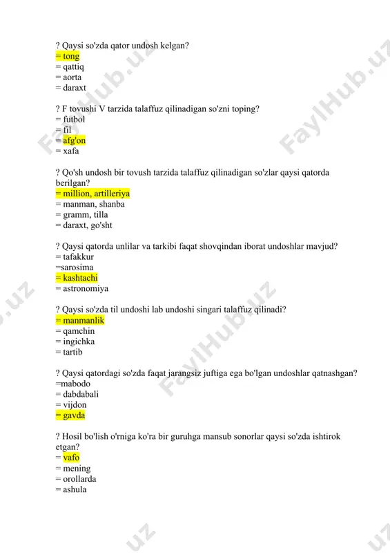 r, shakliy o’xshashlik: belgi-xususiyat, harakat-holat nazarda tutiladi. = metafora = metonimiya = vazifadoshlik = kinoya ? ....-narsa, belgi va harakatlar o’rtasidagi aloqadorlik asosida ma’no ko’chish hodisasi = metonimiya = metafora = vazifadoshlik = kinoya ? narsa yoki shaxsning qismi nomini aytish bilan o’zini (butunni) yoki narsaning nomini aytish bilan uning qismini tushunishga asoslangan ma’no ko’chish hodisasidir. = sinekdoxa = metonimiya = metafora = vazifadoshlik ? .... so’zlarning aks ma’noda qo’llash hodisasi. = kinoya = vazifadoshlik = metafora = metonimiya ? bir nomli degan ma`noni bildirib, shakli har xil bo’lsa ham, ma`nolari bir-biriga yaqin bo’lgan so’zlardir. = sinonim = omonim = antonim = paronim ? ... - qarama-qarshi tushunchalarni ifodalaydigan so’zlardir. = antonim = sinonim = omonim = paronim ? antonimlikka xos belgilarni aniqlang. = shakliy jihatdan har xillik = ma`no jihatdan har xillik =manodagi o‘zaro zidlik = hammasi to'g'ri ? ... - aytilishi bir-biriga yaqin, ammo yozilishi va ma’nosi har …