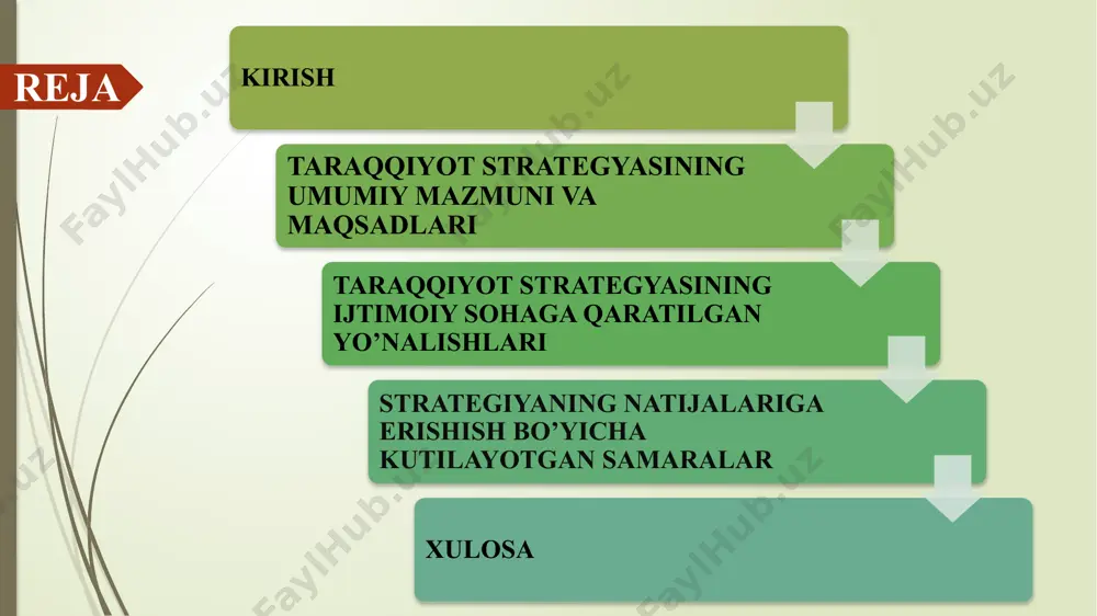 elektron davlat xizmatlarining ulushini 100 foizga yetkazish hamda byurokratiyani bartaraf etish. taraqqiyot strategiyasining ustuvor yo’nalishlari inson qadrini yuksaltirish va erkin fuqarolik jamiyatini yanada rivojlantirish orqali xalqparvar davlat barpo etish. mamlakatimizda adolat va qonun ustuvorligi tamoyillarini taraqqiyotning eng asosiy va zarur shartiga aylantirish milliy iqtisodiyotni jadal rivojlantirish va yuqori o‘sish sur’atlarini ta’minlash adolatli ijtimoiy siyosat yuritish, inson kapitalini rivojlantirish ma’naviy taraqqiyotni ta’minlash va sohani yangi bosqichga olib chiqish milliy manfaatlardan kelib chiqqan holda umumbashariy muammolarga yondashish yettinchi yo‘nalishda mamlakatdagi tinchlik va xavfsizlikni ta’minlash, xalqaro hamkorlikni rivojlantirish. oldinga qo’yilgan maqsadlarga uzviylik va davomiylik bilan erishish uchun ushu ustuvor yo’nalishlar qo’yildi . endilikda esa har bir yo’nalishni tubdan o’rganib ijtimoiy sohaga oid tomonlari bilan tanishamiz. taraqqiyot strategyasining ijtimoiy sohaga qaratilgan yo’nalishlari mahallaning faol modelini joriy etish kambag’allikni qisqartirish va aholi bandligini ta’minlash bo’yicha masullar faoliyatini samarali yo’lga qo’yish davlat organlariga mahalladan turib murojaat qilishva ijtimoiy xizmatlarni mahallada ko’rsatish jumladan xalq qabulxonasi bilan samarali …