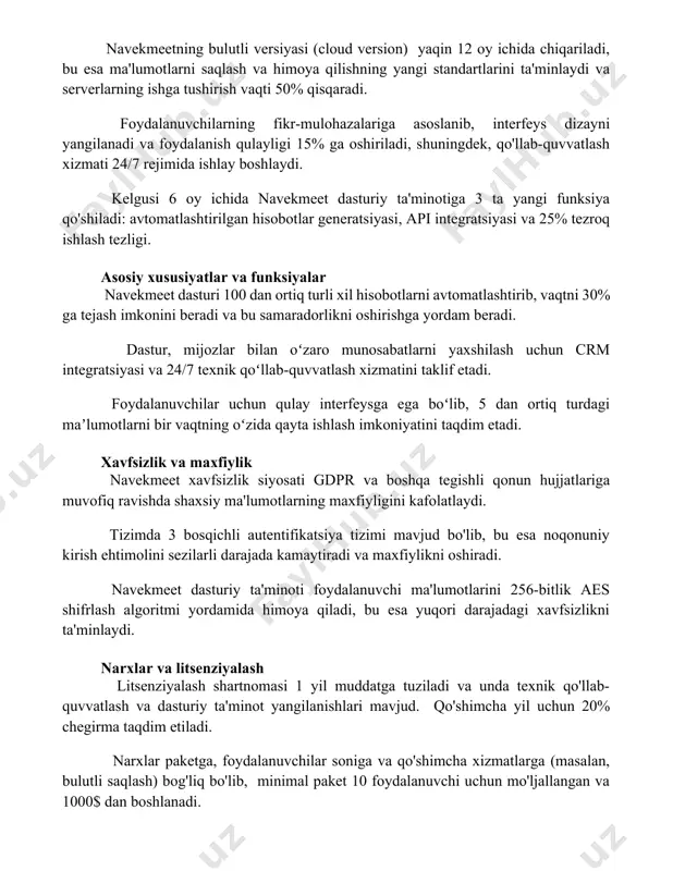 ys dizayni yangilanadi va foydalanish qulayligi 15% ga oshiriladi, shuningdek, qo'llab-quvvatlash xizmati 24/7 rejimida ishlay boshlaydi. kelgusi 6 oy ichida navekmeet dasturiy ta'minotiga 3 ta yangi funksiya qo'shiladi: avtomatlashtirilgan hisobotlar generatsiyasi, api integratsiyasi va 25% tezroq ishlash tezligi. asosiy xususiyatlar va funksiyalar navekmeet dasturi 100 dan ortiq turli xil hisobotlarni avtomatlashtirib, vaqtni 30% ga tejash imkonini beradi va bu samaradorlikni oshirishga yordam beradi. dastur, mijozlar bilan oʻzaro munosabatlarni yaxshilash uchun crm integratsiyasi va 24/7 texnik qoʻllab-quvvatlash xizmatini taklif etadi. foydalanuvchilar uchun qulay interfeysga ega boʻlib, 5 dan ortiq turdagi maʼlumotlarni bir vaqtning oʻzida qayta ishlash imkoniyatini taqdim etadi. xavfsizlik va maxfiylik navekmeet xavfsizlik siyosati gdpr va boshqa tegishli qonun hujjatlariga muvofiq ravishda shaxsiy ma'lumotlarning maxfiyligini kafolatlaydi. tizimda 3 bosqichli autentifikatsiya tizimi mavjud bo'lib, bu esa noqonuniy kirish ehtimolini sezilarli darajada kamaytiradi va maxfiylikni oshiradi. navekmeet dasturiy ta'minoti foydalanuvchi ma'lumotlarini 256-bitlik aes shifrlash algoritmi yordamida himoya qiladi, bu esa yuqori darajadagi …