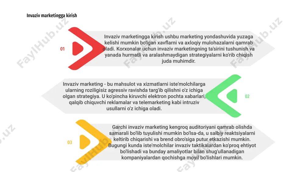 amaliyotlaridan himoya qilishga va bozorda adolatli raqobatni ta'minlashga qaratilgan. ushbu qoidalar spam elektron pochta xabarlari yoki telemarketing qo'ng'iroqlari kabi nomaqbul aloqalarga cheklovlarni o'z ichiga olishi mumkin va biznesdan marketing maqsadlarida shaxsiy ma'lumotlarni to'plash yoki ishlatishdan oldin aniq rozilik olishni talab qilishi mumkin. 01 02 03 04 invaziv marketing kompaniyalar tomonidan iste'molchilarni maqsadli va ta'sir qilish uchun qo'llaniladigan tajovuzkor taktikalarni anglatadi. 03 ushbu taktikalar ko'pincha shaxslarning aniq roziligisiz shaxsiy ma'lumotlarni to'plash va ulardan foydalanishni o'z ichiga oladi. 02 01 bu maxfiylikka oid jiddiy muammolarga va shaxsiy ma'lumotlardan noto'g'ri foydalanishga olib kelishi mumkin. invaziv marketing usullari iste'molchilarning xulq-atvori va afzalliklarini manipulyatsiya qilish uchun psixologik taktikalardan foydalanadi. 1 ushbu strategiyalar ko'pincha shaxsiylashtirilgan xabarlar va ularning ishonchsizliklari va istaklaridan foydalanadigan reklamalar bilan odamlarni nishonga olishni o'z ichiga oladi. 2 invaziv marketing ortidagi psixologiyani tushunib, korxonalar iste'molchilarning qarorlarini qabul qilishga samarali ta'sir ko'rsatishi va sotishni rag'batlantirishi mumkin. 3 03 invaziv marketing iste'molchilarning shaxsiy hayotiga aralashish …