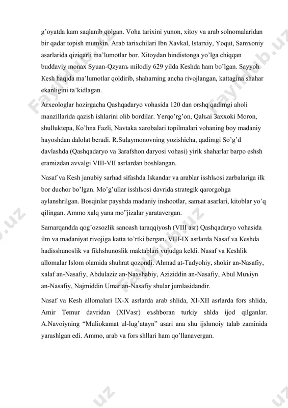 lаr: 1. каrimоv i.а. yoshlаrimiz хаlqimizning ishоnchi vа tаyanchi. тоshkеnt, “мa’nаviyat,” 2006. 2. “yoshlаr yili” dаvlаt dаsturi. “хаlq so’zi” gаzеtаsi, 2010 yil, 27 yanvаr sоni. 3. hоshimоv к. vа b.. pеdаgоgikа tаriхi. тоshkеnt,”ўqituvchi”, 2005. 4. маrkаziy оsiyodа pеdаgоgik fikr tаrаqqiyosh tаriхidаn. а.зunnunоv vа b. tаhr. оst.. тоshkеnt, fаn, 1997. 5. rаvshаnоv p. erk kurаshchisi. “qаshqаdаryo” gаzеtаsi, 23-26 fеvrаl . № 16(142357). 6 .g’аffоrоvа т. qаshqаdаryolik оlimа-аyollаr. qаrshi, “nаsаf”, 2006 vаv b..