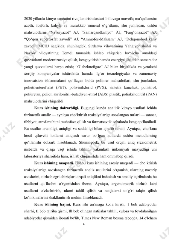 miy- analitik aniqlashlarda cho’ktirish reaksiyalarini qo’lladi: agn03 + nacl = agcl↓ + nan03 bu reaksiyada ekvivalent nuqta reagentning yangi ulushi qo’shilganda cho’kma tushishi to’xtashi asosida belgilanadi. reagentning yangi ulushi, avvalgi ulushi qo’shilishi natijasida hosil bo’lgan cho’kmaning hammasi idish tagiga tushgandan keyingina tomiziladi. bunday usul ko’p vaqt talab qiladi. gey-lyussak usuli.-bu usuldan kuchli kislotali muhitda ham, rangli eritmalardan cho’ktirishda ham qo’llanilsa bo’ladi. gey- lyussak usuli kumush ionlari bilan galogenid ionlari orasida boradigan reaksiyalarga asoslangan bo’lib, indikatorsiz bajariladi. bu usul to’g’i bajarilganda aniq natijalar berishi mumkin. ilgari, indikatorlar ishtirokida bajariladigan usullar yaratilganga qadar, gey-lyussak usuli, katta ahamiyatga ega bo’lgan: hozirgi vaqtda bu usul amaliyotda qo’llanilmaydi. mor usuli kumush ionlari bilan xlorid ionlari orasida boradigan va indikator reagent- kaliy xromat eritmasi ishtirokida bajariladigan reaksiyaga asoslangan. titrlashning tamom bo’lishi - ekvivalent nuqta eritmadagi cl- ionlarining hammasi cho’kmaga o’tib bo’lgach hosil bo’ladigan qizil-qo’ng’ir kumush xromat ag2cro4 cho’kmasi paydo bo’lishiga qarab belgilanadi: ag++cl-=agcl↓ 2ag++ cro42-= ag2cro4 …