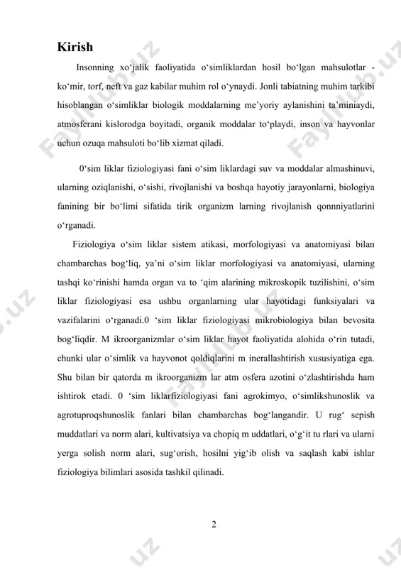 inadi. 0‘sim liklar fiziologiyasi sitologiya, genetika va seleksiya fanlari bilan ham bevosita bog‘liq bo‘lib, o‘sim liklarni chatishtirishda, albatta ularning fiziologik xarakteristikasi alohida o‘rin tutishini aytib o‘tish lozim.0 ‘sim liklar fiziologiyasi biokimyo fani bilan bog‘- liqligiga alohida to ‘xtalib, unda protoplazmaning xossalarini ko‘rsatsak bo‘ladi, bunda oqsillar va nuklein kislo talarn in g roli beqiyosdir. f erm en tlar to ‘g ‘risid ag i ta ’limot, o‘sim liklarning kimyoviy reaksiyalarni o‘rganish imkoniyatini yaratdi. 0 ‘z r f a ,,b otanika“ ilm iy-ishlab chiqarish markazi olimlarining ma’lumotlariga koʻra, 0 ‘zbekistonda 4500 ga yaqin yuksak o‘simlik turlari o‘sadi. bular orasida xalq xo‘jaligining turli tarmoqlarida ishlatib kelinayotgan va 0ʼzbekiston respublikasi „qizil kitobi“ ga kiritilgan turlar bor. 0‘zbekiston o‘simliklari to‘g‘risida yozilgan 6 jildli „ф лора узбекистана“ nomli monografiya 1941 — 1962- yillarda nashr etilgan. oxirgi tom ning kitobxonlarga havola ctilganiga 40 yildan ortiq vaqt oʼtdi. m ana shu davr m obaynida botanika fanida, ayniqsa uning flora …