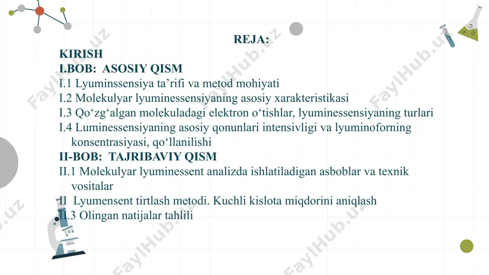 arziga qarab lyuminessensiya usullarini turlarga bo‘lish qo‘zg‘atish manbai qo‘zg‘atish manbai spektrning ko‘rinuvchi va ultrabinafsha qismlariga to‘g‘ri keluvchi elektromagnit nurlar elektronlar oqimi (katod nurlari) ishqoriy metallar ionlarining oqimi rentgen nurlari radioaktiv nurlar issiqlik energiyasi mexanik ta’sir fotolyuminessensiya katodolyuminessensiya ionolyuminessensiya rentgenolyuminessensiya radiolyuminessensiya kandolyuminessiya tribolyuminessensiya molekulyar lyuminessensiyani qancha vaqt davom etishiga va spektrining tarkibiga qarab qisqa vaqt davom etadigan va sekin fluoressensiya hamda fosforessensiyalarga bo‘lish mumkin. bunday lyuminessensiya turlarining paydo bo‘lishini tushunish uchun, qo‘zg‘atuvchi yorug‘likni yutgan molekulada qanday o‘tishlar bo‘lishini qarash kerak. buning uchun quyidagi 1.3.1-rasmda keltirilgan molekula energetik sathlarining sxemasiga qaraymiz. molekulaning energetik sathlari va ular orasdagi o‘tishlarning diagrammasi. s0 – asosiy singlet holat; s1 va s2 – birinchi va ikkinchi qo‘zg‘algan singlet holatlar; t1 – qo‘zg‘algan triplet holat. juft sonli elektronlarga ega bo‘lgan molekulaning asosiy elektron holati singlet bo‘ladi va u s0 deb belgilanadi. bunday holatda hamma elektronlar juftlashgan, ularning spinlari esa antiparallel va molekulaning energiyasi eng kam bo‘ladi. shunday holatda …