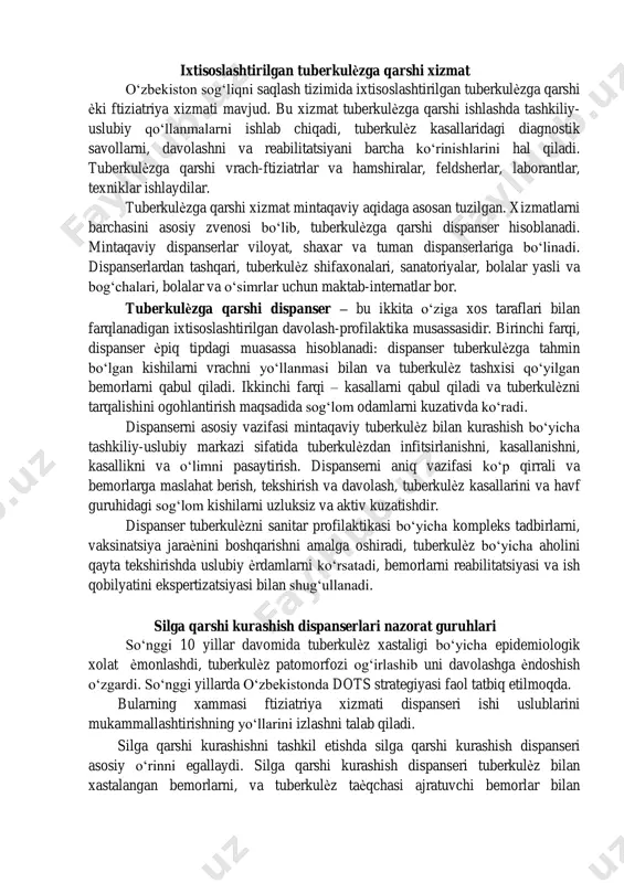 uberkulѐzga qarshi dispanserda tekshirilishi va kuzatuvda turishlari kerak; 8) kortikosteroid gormonlar bilan davolanishi zarur bo‘lgan bemorlar, davo boshlanmasdan oldin va davo kursidan keyin yiliga ikki marta o‘pkani rentgenologik tekshiruvdan o‘tkazish kerak. o‘pkada tuberkulѐzdan keyingi o‘zgarish bo‘lganda ftiziatr ko‘rigi va kimѐviy profilaktika o‘tkazish zarur; 9) surunkali ruhiy kasallikka chalinganlar. bu bemorlarda o‘pkaning rentgenologik tekshiruvi yiliga ikki marta o‘tkaziladi. bu tekshirish birinchi navbatda ruhiy kasalliklar shifoxonasidagilarda, qariyalar uyidagilarda va nogironlarda o‘tkazilishi kerak; 10) surunkali alkogolizm va narkoman kasallar. bu guruhdagi kasallarda o‘pkaning rentgenologik tekshiruvi yiliga ikki marta tashkillashtiriladi; 11) oiv-infitsirlangan kishilar. bu guruh bo‘yicha hisobda turadigan kishilarda tuberkulindiagnostika (2 tb bilan mantu sinamasi) yiliga ikki marta, o‘pkaning rentgenologik tekshiruvi yiliga 1 – 2 marta o‘tkaziladi. ixtisoslashtirilgan tuberkulѐzga qarshi xizmat o‘zbekiston sog‘liqni saqlash tizimida ixtisoslashtirilgan tuberkulѐzga qarshi ѐki ftiziatriya xizmati mavjud. bu xizmat tuberkulѐzga qarshi ishlashda tashkiliy- uslubiy qo‘llanmalarni ishlab chiqadi, tuberkulѐz kasallaridagi diagnostik savollarni, davolashni va reabilitatsiyani barcha ko‘rinishlarini hal qiladi. tuberkulѐzga …