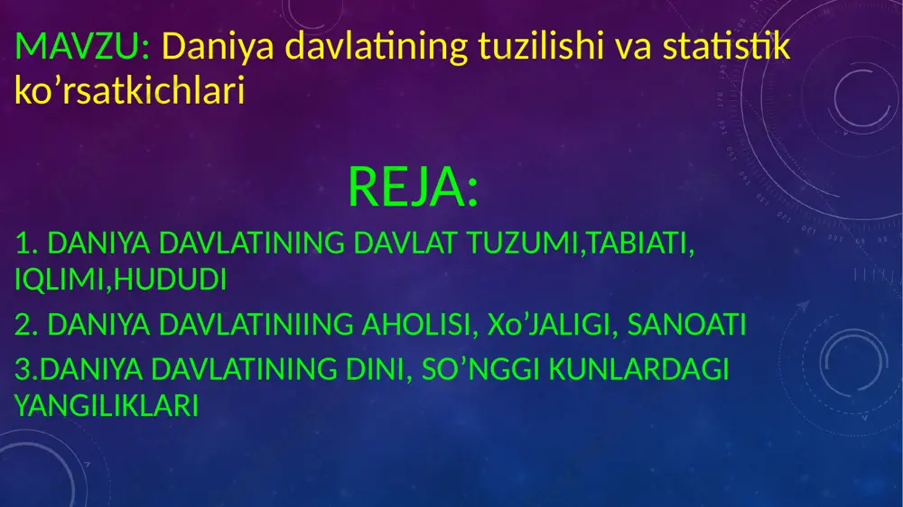 iqlimi moʻʼtadil dengiz iqlimi, yozi salqin, bahor va kuz fasllari uzok, davom etadi. kishi yumshoq. fevralda oʻrtacha temperatura 0°, iyulda 15—16°. yillik yogin 600–900 mm. yogʻinning koʻp qismi kuzda yogʻadi, bahorda va yozda yogʻin kam boʻladi. tez-tez tuman tushadi. daryolari juda qisqa (eng kattasi gudeno, 158 km). kichik oqar koʻl koʻp. mamlakat gʻarbining tuprogʻi podzol, sharqiniki qoʻngʻir oʻrmon tuproqlardir. bu yerlarda dehqonchilik qilinadi. dengiz sohillarida oʻtloqi allyuvial tuproq, karbonat jinslarda esa karbonatli qoʻngʻir tuproqlar paydo boʻlgan. hududining 10 % ga yaqini oʻrmon bilan band. qaragʻay, qoraqaragʻay, qoraqayin va dub oʻrmonlari bor. bu oʻrmonlarda yovvoyi xayvonlardan ohu, asil va chipor bugʻu, elik, tiyin, tustovuq uchraydi. sohillarda parranda koʻp. yirik qoʻriqxonalari: xesselyo, vorse. aholisining 98 % danlar; olmonlar va frizlar ham bor. aholining oʻrtacha zichligi bir km2 ga 114 kishi. aholining 84,9 % shaharlarda yashaydi. rasmiy tili — dan tili. dindorlarning 91 % — lyuteranlar. yirik shaharlari: kopengagen, orxus, odense, olborg . …