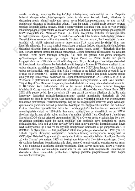 da programma tuzishda, faqat mashina tillarida, ya’ni sonlar yordamida ehm bajarishi kerak bo’lgan amallarning kodlarida kiritilgan. bu holda mashina uchun tushinarli sanoq, sistemasi sifatida 2 lik, 6 lik, 8 lik sanoq sistemalari bo’lgan. programma mazkur sanoq sistemasidagi sonlar vositasida kiritilgan. yuqori darajali dasturlashda, mashina tillariga qaraganda mashinaga moslashgan (yo’naltirilgan) belgili kodlardagi tillar hisoblanadi. belgilar kodlashtirilgan tillarning asosiy tamoyillari shundaki, unda mashina kodlari ularga mos belgilar bilan belgilanadi, hamda xotirani avtomatik taqsimlash va xatolarni tashhis qilish kiritilgan. bunday mashina moslashgan til - assembler tili nomini oldi. odatda dasturlash yuqori saviyali dasturlash tillari (delphi, java, c++, python) vositasida amalga oshiriladi. bu dasturlash tillarining semantikasi odam tiliga yaqinligi tufayli dastur tuzish jarayoni ancha oson kechadi. ko’p ishlatiladigan dasturlash tillari. biz hozir biladigan va ishlatadigan tillarning barchasi shu guruhga mansub. ular insonga "tushunarli" tilda yoziladi. ingliz tilini yaxshi biluvchilar programma kodini qiynalmasdan tushunishlari mumkin. bu guruhga fortran, algol, c, pascal, cobol va h.k. tillar …