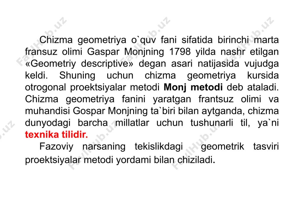 erilgan bo`lsa, proektsiyalar tekisligi berilmaydi. parallel proeksiyalashning asosiy xossalari: 1.nuqtaning tekislikdagi proeksiyasi nuqta boladi. 2.togri chiziqning tekislikdagi proeksiyasi togrichiziq boladi. 3.agar nuqta togri chiziqda yotsa uning tekislikdagi proeksiyasi togri chiziqning proeksiyasida boladi. 4.parallel togri chiziqlarning proeksiyalari ham ozaro parallel boladi. narsalarni bir-biriga perpendikulyar ikkita tekislikdagi to`gri burchakli proektsiyalari bilan tasvirlash metodi ortogonal proektsiyalar metodi deyiladi. ortogonal so`zi – to`gri burchakli degan so`z bo`lib, ortogonal proektsiyalar termini bundan keyin bir-biriga perpendikulyar ikkita tekislikdagi to`gri burchakli proektsiyalarni ko`rsatish uchungina ishlatiladi. 11 image1.jpeg image2.jpeg /docprops/thumbnail.jpeg