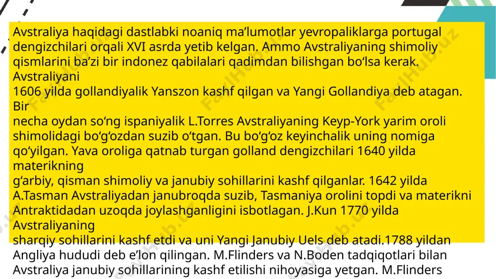 tganlarida oqlari bilan qumga chiziq chizganlar va chiziqning uchiga xivich tiqib qo‘yganlar. chiziqning yo‘nalishi va uning uzunligi shu guruhning qaysi tomonga va qancha masofaga ketganligini bildirgan. bu belgi o‘z guruhlarining kechikib qolgan a’zolari va mehmonlar uchun ham qilingan. shuningdek. xavf yoki motam signallari keng tarqalgan. avstraliyalik va tasmaniyaliklarning kiyimlari nihoyatda yupun bo‘lgan. ko‘pchilik qabilalar mutlaqo kiyimsiz, yalang‘och yurganlar. ba’zi janubi-sharqiy hududlarda opossum terisidan plash tikib yopinib yurganlar. ammo erkagu ayol asosan, bayram vaqtlarida turli bezaklar: boshiga toladan o‘rov, qo‘liga ip, bilaguzuk, bo‘yniga munchoq, burniga buloqi sirg‘a taqishgan, badanlarini bo‘yab har xil patlar yopishtirganlar yoki badanlarini maxsus jarohatlab, yo‘l-yo‘l naqshlar tilganlar. tanani faqat bezak uchun emas, ba’zan terini saqlash uchun ham bo‘yaganlar. urug‘ yoki fratriya ajdodining ayrim hayvon nomi bilan atalishi avstraliyada keng tarqalgan totemistik tasavvurlar bilan bog‘liq. ular orasida iqtisodiy tabaqalanish bo‘lmagan. har bir lokal guruh bir avlod sifatida yoshiga va jinsiga qarab bo‘lingan va mehnat taqsim qilingan. erkaklar ishlab …