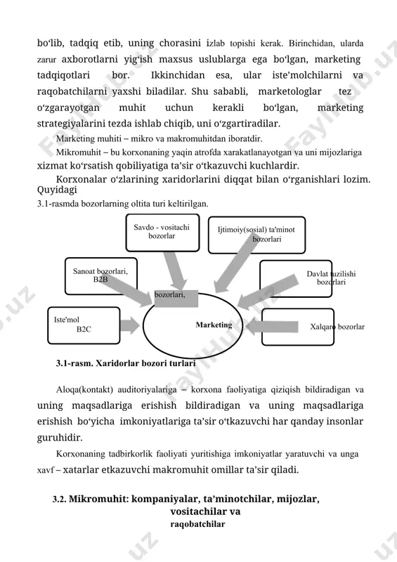 chi shaxslar kompaniya. marketing boshqaruvi marketing rejalarni tuzishda oliy rahbariyat, moliyaviy guruh, tadqiqotlar va ishlanmalar bo’yicha guruh, xaridlar, bitimlar va hisobga olish bo’yicha guruhlar kabi kompaniyaning boshqa guruhlarini hisobga oladi. ushbu barcha o’zaro bog’langan guruhlar ichki muhitni tashkil qiladi. oliy rahbariyat kompaniyaning missiyasi, maqsadlari, umumiy strategik yo’nalishlar va siyosatlarni belgilaydi. marketing bo’yicha menejerlar oliy rahbariyat tomonidan tuzilgan yanada umumiy strategik yo’nalishlar va rejalar doirasida qarorlarni qabul qiladi. marketing bo’yicha menejerlar kompaniyaning boshqa bo’limlari bilan yaqindan hamkorlikda ish olib boradilar. marketing bo’limi boshchiligida ishlab chiqarish va moliya bo’limlaridan yuridik va xodimlar bo’limlarigacha barcha bo’limlar mijozlar ehtiyojini anglab yetish va iste’mol boyliklarni yaratish uchun umumiy javobgar bo’ladilar. ta`minotchilar kompaniyaning iste’mol boyliklarini yetkazib berishning umumiy 50 tizimida muhim bo’g’inni tashkil qiladi. ular kompaniya tomonidan tovarlar va xizmatlarni ishlab chiqarish uchun zarur bo’ladigan resurslarni taqdim qiladi. yetkazib beruvchining muammolari marketingga jiddiy ta’sir ko’rsatishi mumkin. marketing bo’yicha menejerlar tovar mavjudligi va uning qiymatini o’rganib borishlari …