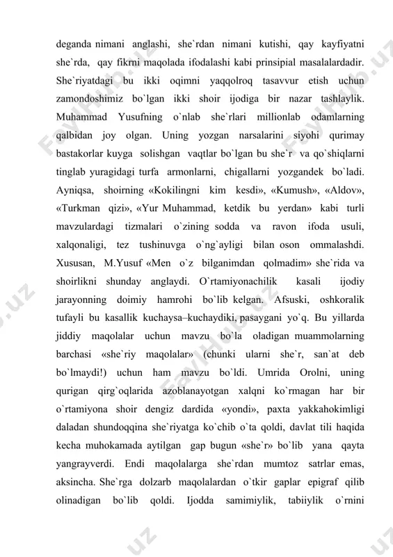 orida bildirgan fikrlarimiz mana shu doston timsolida, ayniqsa to`laroq isbotini topadi. bu asar an`anaviy dostonchilik namunalaridan hamma jihati bilan farqlanadi. avvalo, unda zohiriy voqealar tizimi syujet chizig`ini tashkil qilmay, balki asarda benihoya keng shoir tafakkuri va histuyg`ular almashinuvidan paydo bo`ladigan ruhoniy yaxlitlik kuzatiladi. muqaddimada lirik qahramonga-bobo (uni payg`ambarsifat zot yoxud ulug` ajdodlar timsoli sifatida qabul qilish mumkin) tomonidan aytilgan, hozircha unga sirli tuyulgan karomatlar doston qismlarida izohlana boshlaydi. siz bora-bora «oyoqqa tushgan qon qorayishi» ga, «odametga o`ralgani, et bo`lsa kosasida biqirlayotgan ko`pik, ko`pik–zahar» ekaniga, nihoyat «tilni ipdek eshib bo`lish» iga, keyin «jonni xuddi tasbeh donalariday oxirgi kungacha uzmasdan sanash» mumkinligiga imon keltirasiz. afsuski, dunyo va inson to`g`risidagi epik tafakkur va original tasavvurning lirik bayni bo`lmog`i talab etiladigan doston janrida yaratilgan hamma asarlar ham bu istaklar darajasiga chiqa olmadi. ularning aksariyatida (hatto a.oripovning «ranjkom», m.yusufning «qoraquyosh», u.azimning «oqpadar» dostonlarida ham!) ma`lum bir ijtimoiy, insoniy illatlar, uzoq tarix yoxud qatag`on davri voqealari …