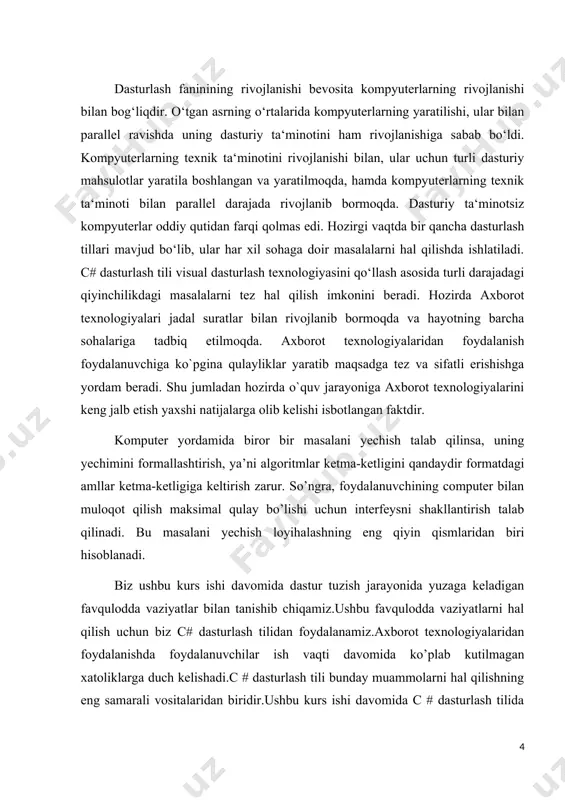 valar · veb-ilovlar · veb-xizmatlar · o’yinlar · ma’lumotlar bazasi dasturlari · boshqa sohalarda nima uchun c # dasturlash tilidan foydalanish kerak? · bu dunyodagi eng mashhur dasturlash tillaridan biri · o'rganish va undan foydalanish oson · c# ni ishlatadigan ulkan ishlab chiquvchilar jamoasi mavjud, ya'ni internetda c# ni o'rganish va o'zingizni qiziqtirgan savollarga javob olish uchun juda ko'p manbalar mavjud. · c # - bu ob'ektlarga yo'naltirilgan dasturlash tili, bu dasturlarga aniq tuzilma beradi va kodni qayta ishlatishga imkon beradi va rivojlanish xarajatlarini kamaytiradi · c# - c, c++ va java-ga yaqin bo'lganligi sababli dasturchilarning c# ga yoki aksincha c# dan u tillarga o'tishi oson bo’ladi. biz visual studio daturini https://visualstudio.microsoft.com/ saytidan 2019 community versiyasini bepul yuklab olishimiz mumkin. bu versiya aynan bizga o’xshagan talabalar va boshlang’ich o’ragnuvchilar uchun ajratilgan. visual studio 2019 dasturini yuklab oloish jarayoni: · https://visualstudio.microsoft.com/ saytiga brauzer orqali kirib computer operatsion sistemasiga qarab visual studio …
