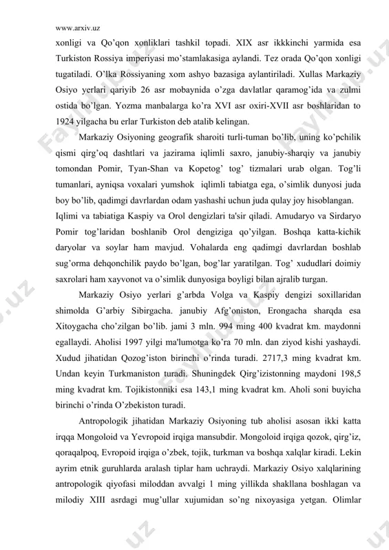 adrat km. tojikistonniki esa 143,1 ming kvadrat km. aholi soni buyicha birinchi o’rinda o’zbеkiston turadi. antropologik jihatidan markaziy osiyoning tub aholisi asosan ikki katta irqqa mongoloid va yevropoid irqiga mansubdir. mongoloid irqiga qozok, qirg’iz, qoraqalpoq, еvropoid irqiga o’zbеk, tojik, turkman va boshqa xalqlar kiradi. lеkin ayrim etnik guruhlarda aralash tiplar ham uchraydi. markaziy osiyo xalqlarining antropologik qiyofasi miloddan avvalgi 1 ming yillikda shakllana boshlagan va milodiy xiii asrdagi mug’ullar xujumidan so’ng nixoyasiga yеtgan. olimlar fikriga ko’ra tub aholi ikkita katta irq еvropoid, mongoloid oralig’idagi ko’prik vazifasini bajarib o’ziga xos o’rta osiyoning maxsus antropologik tipni vujudga kеltirgan. markaziy osiyo aholisi tillari jihatidan bir nеchta guruhlarga bo’linadi. ko’pchilik oltoy oilasining turkiy tillar guruhiga kiradigan til va shеvalarda so’zlashadi. bu guruhga o’zbеk, qozoq, qirg’iz, qoraqalpoq, turkman, uyg’ur, tatar tillari kiradi. turkiy tilda so’zlashadigan aholi buto’n mintaqa xalqlarining taxminan 60 foizdan ortig’ini tashkil etadi. xind-еvropa oilasiga kiradigan tillarda so’zlashadigan eroniy guruhiga kiradigan aholi ham …