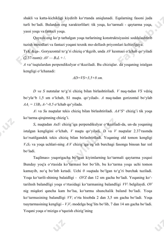 ssi (ko‘tarmasi yo‘q) yoqalar bo‘yinga emas, yelkaga yopishib turadi. bu yoqalarning yoqa o‘miziga o‘tqaziladigan chizig’i yoqa o‘miz o‘yig’ining chtaig’iga mos keladi. 2.41-rasmda uch xil tipdagi yassi yoqalar ko‘rsatilgan: a – motroska timdag’i yoqa, b – o‘zbekcha ko‘ylakdagi shol yoqa, v – bo‘yinga salgiia yopishib turadi-gan uzun yassi yoqa. 9.7-rasm. yassi yoqalar. har qanday shakldagi yassi yoqa konstruktsiyasini hosil qilish uchun ort bo‘lak bilan oldindan ko‘krak vitachkasi ko‘chirilgai old bo‘lak aidazalarini yelka qirqimlar bo‘ylab birlashtiriladi. yo qa fasoniga binoan yoqa o‘miz o‘yig’ining chizig’i belgilanadi. motroscha yoqa qaytarmasining chizig’i uzluksiz chiziq bilan ko‘rsatilgan. yeqaning ort tomopdagi kengligi, yelka. qirqimlar bo‘ylab kengligi istalgancha ixtiyoriy belgilanadi. shol yoqalarda va uzaytirilgan yokalarda kichkinagina ko‘ta,r. 9.8-rasm. fantazi yoqa. ma qilish mumkin. bunda yoqaning tashqi ko‘rinishi yaxshirots bo‘-ladn. masalan, o‘zbekcha ko‘ylakka shol yoqa qilish uchun old va ort bo‘lak koketkalarining detallarini bir-biriga to‘g’rilab, old va ort bo‘laklar yoqa o‘mizlarining yuqori nuqtasini ustma-ust kel-tirishgina kifoya bo‘ladi. ort bo‘lak …