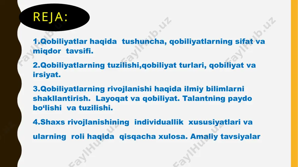 arning avtomatlashgan usuli. malaka– oldinga qo’yilgan maqsad va xatti–harakat sharoitidan kelib chiqadigan muvaffaqiyatli harakatlar usulidir. qobiliyatlarni rivojlanishining uchta darajasi mavjud: iqtidor iste’dod daho. beshinchidan, shaxsning faollik alomatlarini tarbiyalash yo`li bilan borish kerakki, bu alomatlari dastavval mehnatsevarlik, mustaqillik, tashabbuskorlik, puxtalik, qat`iyatlik, sinchkovlik va tanqidiylikdan iborat. ikkinchidan, mutaxassis (muzikant, artist, rassom va hokazo) rahbarligida tizimli faoliyatga jalb etish orqali shaxsning tabiiy xususiyatlarini chiniqtirish va rivojlantirish yo`li, bilan qobiliyatlarning rivojlanishi va shakllanishi birinchidan, ma`lum bir faoliyatga moyillik yoki intilish borligiga va faoliyat natijalarining sharoitga qarab tegishli tabiiy zehn, nishonalarni aniqlash yo`li bilan, uchinchidan, umumlashgan aqliy operasiyalarni shakllantirish yo`li bilan borishi kerakki, bu operasiyalar umumiy va maxsus axborotni yengil va samarali o`zlashtirishni, tanlagan faoliyat bo`yicha ko`nikma va malakalarni hosil qilishni ta`minlasin. to`rtinchidan, o`quvchining maxsus qobiliyatini kamol toptirishni jadallashtirishni ta`minlovchi shaxsni har tomonlama rivojlantirish yo`li bilan. bularsiz individning potensial imkoniyatlari va qobiliyati faoliyatda maksimal ravishda rivojlana olmaydi. oltinchidan, maktab o`quvchilariga nisbatan individual munosabatda bo`lishni umumiy …