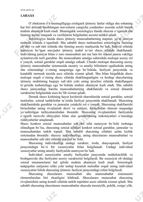 guruhlar va jamoalar yetakchi rol o`ynaydi. shaxsning shakllanishi birinchidan uning rivojlanish davri va natijasi, ikkinchidan shaxsni maqsadga yo`naltirilgan tarbiyalanishidan iboratdir. shaxsning rivojlanishini faoliyatida o`zgarib turuvchi ehtiyojlari bilan ular qondirishning imkoniyatlari o`rtasidagi ziddiyatlarlar aniqlanadi. shaxs konkret sotsial munosabatlar sub`ekti sifat namoyon bo`lishi inobatga olinadigan bo`lsa, shaxsning sotsial sifatlari konkret sotsial guruhlar, jamoalar va munosabatidan tarkib topadi. shu sababli shaxsning sifatlari uchta kichik sistemadan iboratdir: shaxsiy individualligi, uning shaxslararo munosabatlari va munosabatlar sub`ekti sifatida mavjud bo`lishi. shaxsning individualligi undagi xarakter, iroda, dunyoqarash, faoliyat jarayonidagn ba`zi bir xususiyatlar bilan belgilanadi. undagi individual xususiyatlar uning amaliy faoliyatida namoyon bo`ladi. individual xususiyatlar amaliy faoliyatlar jarayonida tashkilotchilik va boshqaruvda shu faoliyatni asosiy xarakterini belgilaydi. bu xususiyat ob`ektdagi sotsial muammolarni hal qilishi muhim ahamiyat kasb etadi. sotsiologik tadqiqotlar natijasini ichki yoki tashqi kuzatish metodlar orqali uning individual xususiyatini bilish shaxsning ijtimoiy faoliyat jarayonidagi rolini belgilaydi. shaxsning shaxslararo munosabati shu munosabatlar sistemasini elementlaridan biri ekanligini bildiradi. shaxslararo munosabat …
