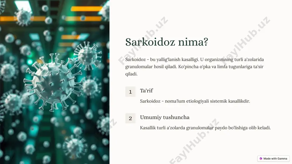 emissiya kasallikning vaqtinchalik susayishi. 2 surunkali kasallik uzoq muddatli davolanish talab etiladi. 3 komplikatsiyalar o'pka fibrozi, yurak yetishmovchiligi. 7 xulosa sarkoidoz - bu murakkab kasallik. erta tashxis qo'yish va to'g'ri davolash muhim ahamiyatga ega. asosiy xulosalar sarkoidozning sabablari to'liq o'rganilmagan. 1 keyingi qadamlar shifokor bilan maslahatlashing va davolanish rejasini tuzing. 2 8 image1.png image2.png image3.png image4.png image5.png image6.png image7.png image8.png image9.png image10.png image11.png image12.png image13.png image14.png image15.png image16.png