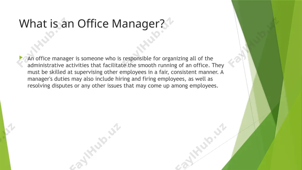 from ordering office supplies to complying with osha standards, making sure every detail is right is crucial to an office manager's work. leadership skills: office managers are in charge of the support staff. they need to motivate, discipline and resolve conflicts on a regular basis. analytical skills: how can the company save money? are we getting the most out of our resources? office managers need to find inefficiencies and cost-savings as part of their day-to-day job. office managers are responsible for the efficient functioning of an office through a range of administrative, financial and managerial tasks. key skills for office managers reliability and discretion: you will often learn of confidential matters adaptability communication, negotiation and relationship-building skills organisational skills it skills problem solving skills initiative leadership and the ability to ‘make things happen’ budgeting skills attention to detail. thanks for attention!!! image1.png image2.png /docprops/thumbnail.jpeg