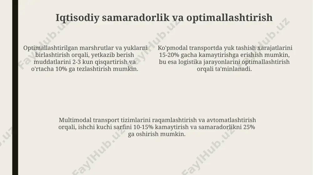 sport turlarining afzalliklarini birlashtirib, samaradorlikni oshiradi. ko'p tarmoqli transport yuklarni yetkazib berish vaqtida 20-30% gacha tejashga imkon beradi, bu esa logistika xarajatlarini sezilarli darajada kamaytiradi va raqobatbardoshlikni oshiradi. ko'p tarmoqli transport, xavfsizlikni ta'minlash va yuklarning yo'qotilish xavfini minimallashtirish maqsadida, turli transport vositalari va texnologiyalarini o'z ichiga oladi, shu bilan birga, 5-10% gacha yuklarning shikastlanish darajasini kamaytiradi. ko'p tarmoqli transport misollari ro-ro kemalari orqali 20 futlik konteynerlarni temir yo'l transporti bilan birlashtirib, yevropa va osiyo o'rtasida 3000 dan ortiq yuk tashish amalga oshiriladi. havoning ifloslanishini kamaytirish maqsadida, 5000 tonna yukni avtomobil va daryo transporti bilan tashish o'rniga, temir yo'l va dengiz yo'llari kombinatsiyasi qo'llanilmoqda. xalqaro yuk tashishlarda, multimodal transportning samaradorligini oshirish uchun, 10 ga yaqin logistika kompaniyalari o'zaro hamkorlik qilmoqda, bu esa yetkazib berish muddatlarini 20% ga qisqartirishga yordam beradi. yuk tashish jarayonining bosqichlari yukning yakuniy manzilga yetkazilishi, 3-5 kun davom etadi va 2 ta asosiy transport turidan, masalan, temir yo'l …