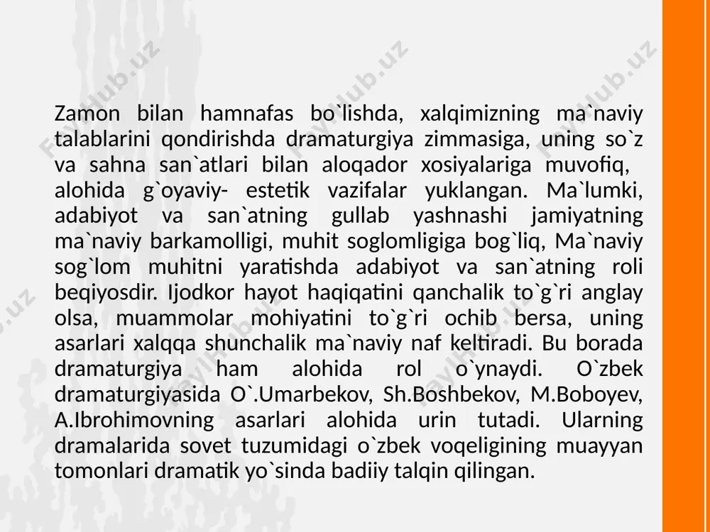 sobir va farhod ham uning ta`siriga tushib qolgan. kunlardan birida fojia sodir bo`ladi. ramz otgan miltiq o`qi ko`chadan ketayetgan odamning umriga zavol bo`ladk. xuddi shu fojia uch oilaning bir - biridan ayrib turuvchi ma`naviy ahloqiy qarashlarini muhokama qilishga, dramatik talqinga va umumlashtirishga asos beradi. pirovardi fojianing zamini ochilib, professor to`laganovning o`gli ramz o`z gunohini bo`yniga olib: «endi qilmayman, dada, - deganida ota o`g`liga qarata: «dard bo`ladi. yaramaslar. itdan tarqaganlar. xuliganlar. banditlar. - deb haqorat qiladi. shunda ramzning onasi barchin opa «endi qilmaydi, dadasi, rahm qiling» deb iltimos qiladi. gazablangan ota jahl ustida oilada gazak olib kelgan ma`naviy-axloqiy nopoklikning sir-asrorini ochib tashlaydi. 4 «qiyomat qarz» dramasining bosh qahramoni sulaymon ota. uning psixologik holati ishonarli tasvirlab berilgan. chunki muallif psixologik holatga kirishi uchun zarur bo`lgan muhitni yarata olgan. 5 sulaymon ota halol, mehnatsevar, birovning haqidan qo`rqadigan, to`gri so`z nuroniy chol. yolg`iz farzandidan ajrab qolgan ota, qishloqqa vrachlik qilish uchun kelgan no`monjon ismli …