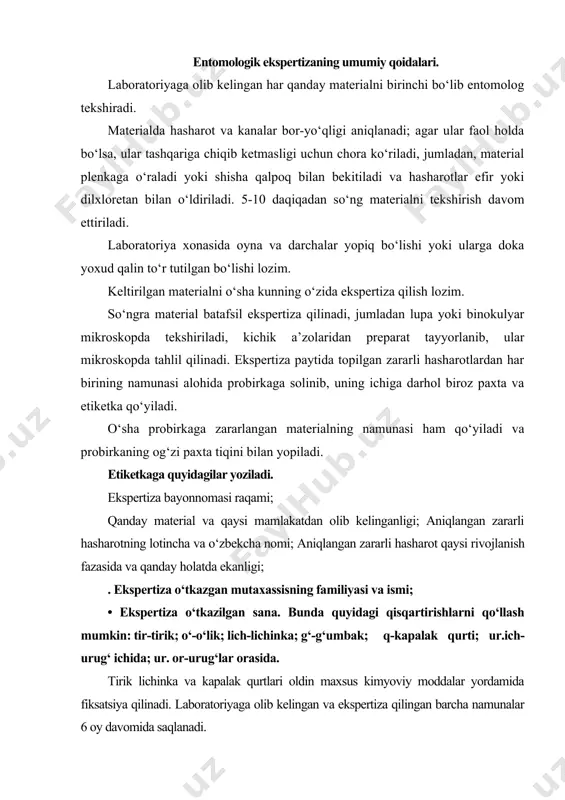 ngan barcha namunalar 6 oy davomida saqlanadi. bu ko‘rsatmalar chet eldan olib kelinadigan, shuningdek karantin obyektlari bilan zararlangan hududdan keltiriladigan o‘simlik yuklariga nisbatan joriy qilinadi. chet ellardan keltirilgan o‘simlik materiallaridan namuna olish yo‘llari: chet eldan keltiriladigan o‘simlik yuklarini respublikami xududidagi birinchi punktda o‘simliklarni karantin qilish davlat inspeksiyasi qo‘shimcha ko‘rikdan o‘tkazadi. davlat karantin inspektori karantin yukni qo‘shimcha ko‘rikdan o‘tkazib bo‘lganidan keyin, bu o‘simliklarning har bir partiyasidan laboratoriyada ekspertiza qilish uchun o‘rtacha namuna oladi. partiya deb, bir vaqtning o‘zida qabul etiladigan, topshiriladigan, tarqatiladigan bir turdagi karantin o‘simlikning muayyan miqdoriga aytiladi. dastlabki namuna uchun urug‘ shchup yoki qo‘l bilan qopning har joy-har joyidan olinadi. zarang, shumtol urug‘i singari kanotchali urug‘lar qop yoki yashikdan brezentga bir tekis qilib to‘kiladi, so‘ngra ularning xar xil joylaridan qo‘l bilan dastlabki namunalar olinadi. nechta kopdan dastlabki namuna olish zarurligi partiyaning katta-kichikligiga qarab belgilanadi. partiyadan olingan xamma dastlabki namunalar ko‘zdan kechirilgandan keyin, birga qo‘shilib umumiy namuna tuziladi; bu namunani …