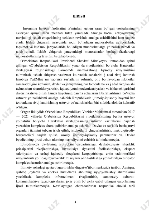 adbirlar respublika aholisi turli toifalarining moddiy farovonligi, hayot darajasi va sifati oshishiga muayyan darajada koʻmaklashdi. moddiy va ma'naviy ne'matlarni yaratish, xizmatlar ko`rsatish inson hayoti, uning yashashi va kamol topishi uchun asosdir. shuning uchun ishlab chiqarishni to`xtovsiz olib borish va rivojlantirish har doim eng muhim iqtisodiy qonuniyat va zaruriyatdir. insoniyat iste'mol qilmasdan turaolmaganidek, ishlab chiqarmasdan ham tura olmaydi. har bir jamiyatda ishlab chiqarishning amalga oshishi uchun, eng avvalo uning ro`y berishi uchun zarur bo`lgan, unda qatnashadigan omillar mavjud bo`lmog`i lozim. bu omillar uchta:ishchi kuchi, mehnat qurollari va mehnat predmetlaridir. i bob ehtiyoj va uning turlari. iqtisodiy resurslar. 1.1. ijtimoiy-iqtisodiy ehtiyojlar, ularning turlari va turkumlanishi. iqtisodiyot asoslarini, uning amal qilish qoida va tamoyillarini o‘rganish, iqtisodiy muammolarni hal etish eng avvalo ehtiyoj tushunchasi bilan uzviy bog‘liqdir. chunki, birinchidan, inson hayotiga turli ehtiyojlarning paydo bo‘lishi va qondirilishi jarayoni sifatida qarash mumkin. ikkinchidan esa, iqtisodiyotning doimiy va bosh masalasi ehtiyojlarning cheksizligi va iqtisodiy resurslarning cheklanganligi …
