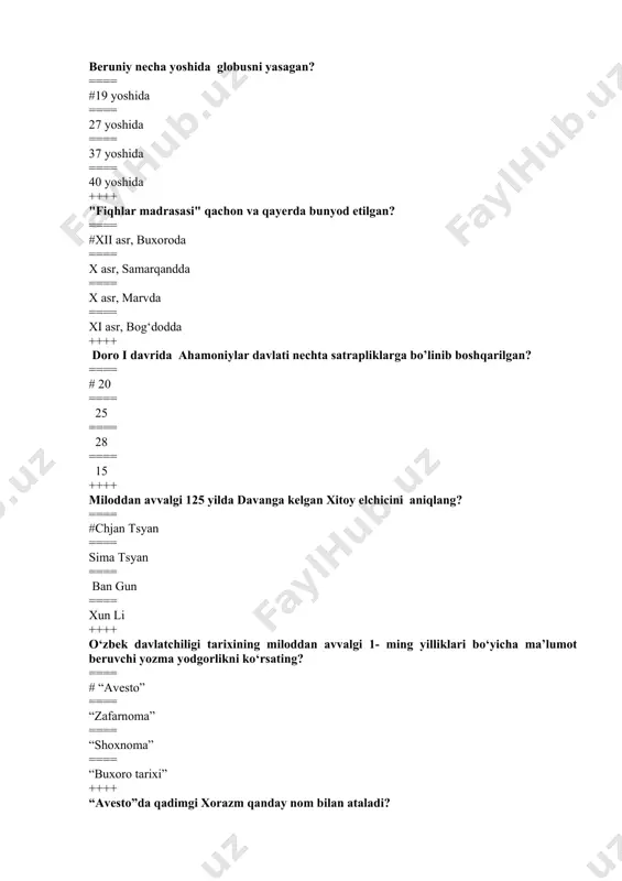 halifalikdan hukmdorlar bilan yaxshi munosabatda bo‘lgan amaldorlar va arboblarga xomiylik qilish. ==== mahalliy feodallar manfaatlari uchun kurash olib boruvchi kuchlarga tayanish ==== o‘z siyosiy faoliyatida turk gvardiyasiga tayanish ++++ qaysi harbiy unvon somoniylar davrida «chodir boshlig‘i» so‘ziga to‘g‘ri keladi? ==== #haylboshi ==== aylboshi ==== qo‘shinboshi ==== visoqboshi ++++ qaysi samoniy hukmdori davrida buxoroda devonlar uchun saroy qurildi? ==== #nasr ii ibn ahmad ==== ismoil somoniy ==== nux ibn ismoil ==== yokub ibn ahmad ++++ somoniylar davlatining asoschisi ismoil somoniy qanday islohot o‘tkazdi? ==== #davlatni boshqaruv islohati ==== yer-suv islohati ==== pul va qurilish islohati ==== karvon savdosi islohati ++++ xalifa ma’munni taxtga chiqishiga yordam bergan somonxudot nabirasi ahmadni qaysi viloyatga noib qilib tayinlaydi? ==== #farg‘onaga ==== samarqandga ==== hirotga ==== shoshga ++++ qaysi somoniy hukmdori 888- yilda butun movarounnahrni birlashtirib, uning yagona hukmdori bo‘lib oladi? ==== #ismoil ibn ahmad ==== nuh ibn asad ==== ahmad ibn asad ==== mansur ibn …