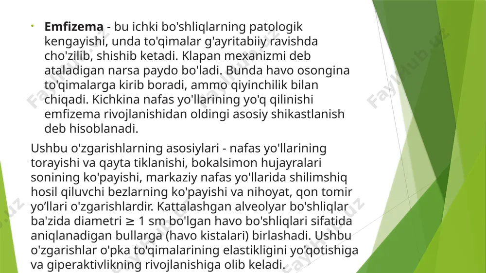 yicha o'lchanadi. spirometriyadan tashqari, tashqi nafas olish funksiyasini har tomonlama o'rganish diffuziya testini, bronxodilatator bilan testni, bodipletizmografiyani o'z ichiga oladi. balg'amni sitologik tekshirish bronxlar va o'pkada yallig'lanish xususiyatini baholash, bakteriyalar va viruslar mavjudligini aniqlashga imkon beradi. nafas yetishmovchiligining klinik belgilari bo'lgan barcha bemorlar uchun puls oksimetriyasi (qonning kislorod bilan to'yinganligini aniqlash) qo'llaniladi. agar periferik arterial qonning kislorod bilan to'yinganligi 92% dan kam bo'lsa, qon gazini tahlil qilish kerak. o'pka rentgenogrammasi nafas olish tizimining boshqa kasalliklarini chiqarib tashlashga yordam beradi. ko'krak qafasining tomografiyasi rentgenografiyaga qaraganda o'pka to'qimalarining shikastlanishi va bulla shakllanishining tarqalishini va vizualizatsiyasini yaxshiroq ta'minlaydi. nafas qisilishi uchun 6 daqiqalik yurish testi buyuriladi. o'ng qorincha gipertrofiyasi, o'pka yurak kasalligi, aritmiya, ishemiya belgilari elektrokardiografiya va ekokardiyografiya yordamida aniqlanadi. mutlaq ko'rsatkichlar bilan bronkoskopiya o'tkaziladi. to'liq qon tahlili surunkali obstruktiv o'pka kasalligining kuchayishini baholash uchun amalga oshiriladi va politsitemiya (gematokrit> 55%), anemiya va leykotsitozni aniqlashi mumkin. kasallikning klinik jihatdan aniqlangan yo'nalishi bo'lgan 50 …