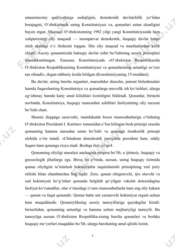 og‘liqdir. zero, qonun chiqaruvchi, ijro etuvchi va sud hokimiyati bo‘g‘inlari qonunda belgilab qo‘yilgan vakolat doirasidagina faoliyat ko‘rsatadilar, ular o‘rtasidagi o‘zaro munosabatlarda ham eng oliy hakam — qonun va faqat qonundir. qonun hatto uni yaratuvchi hokimiyat organi uchun ham muqaddasdir. qonuniylikning asosiy tamoyillariga quyidagilar kiradi: birinchidan, qonunning ustunligi va hamma uchun majburiyligi tamoyili. bu tamoyilga asosan o‘zbekiston respublika-sining barcha qonunlari va boshka huquqiy me’yorlari muqaddas bo‘lib, ularga barchaning amal qilishi lozim. o‘zbekiston respublikasi konstitutsiyasining 15-moddasiga binoan o‘zbekiston respublikasida o‘zbekiston respublikasining konstitutsiyasi va qonunlarining ustunligi so‘zsiz tan olinadi. davlat, uning organlari, mansabdor shaxslar, jamoat birlashmalari, fuqarolar konstitutsiya va qonunlarga muvofiq ish ko‘radilar. jamiyatda qonuniylik va xuqukiy tartibot tantana qilmasa, shaxsning huquq va erkinliklari qat’iy intizom, ichki uyushqoqlik va mas’uliyat jihatidan ustuvor bo‘lmasa, qonunlar va milliy an’analar, urf-odatlar, umuminsoniy qadriyatlar xurmat qilinmasa, demokratik huquqiy davlatni tasavvur qilib bo‘lmaydi. o‘zbekiston respublikasi konstitutsiyasi hamda u asosda ishlab chiqilgan qonunlar - oldida barcha birday mas’uldir. qaysi …
