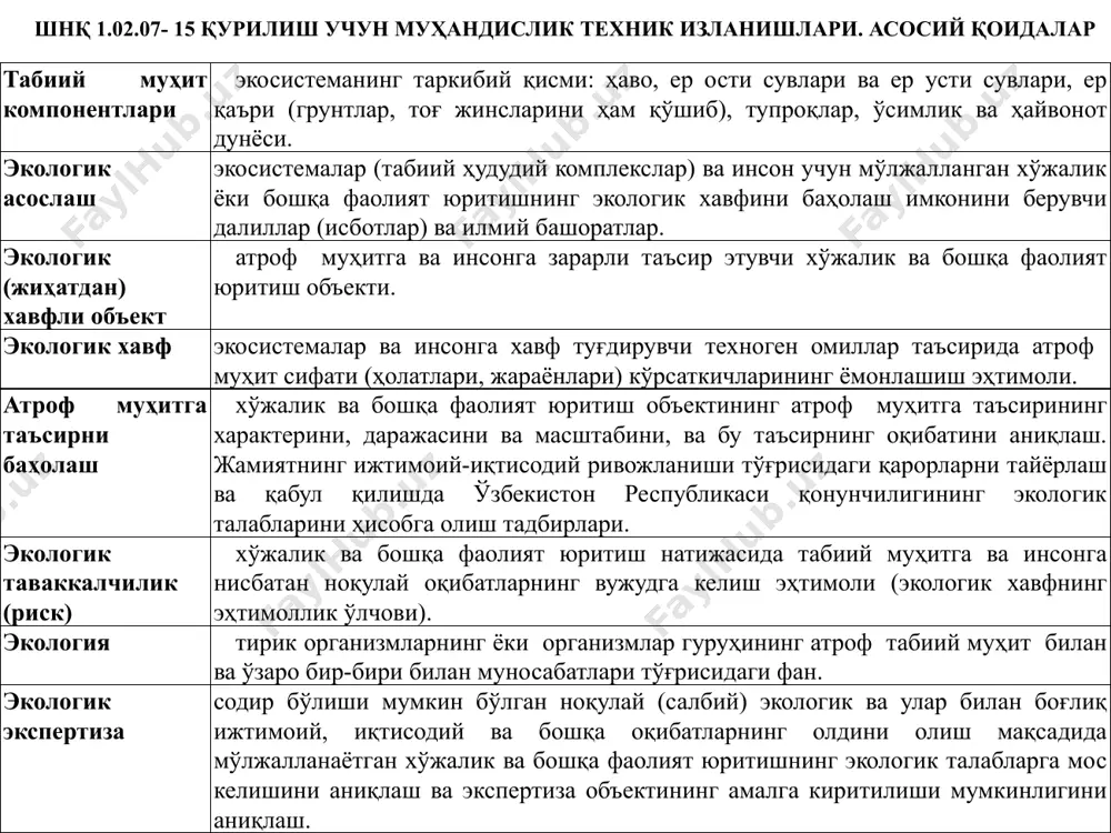 зим. 6 ўзбекистон республикасининг қонуни «табиатни муҳофаза қилиш тўғрисидаги» табиатни муҳофаза қилиш объектлари ер, ер ости бойликлари, сув, ўсимлик ва ҳайвонот дунёси, атмосфера ҳавоси қонуннинг мақсади ифлосланишдан, бузилишдан, зарарланишдан, ориқлаб кетишдан, вайрон бўлишдан, йўқ бўлиб кетишдан, нооқилона фойдаланишдан муҳофаза этилиши инсон ва табиат ўртасидаги муносабатлар уйғун мувозанатда ривожланишини, экология тизимлари, табиат комплекслари ва айрим объектлар муҳофаза қилинишини таъминлашдан, фуқароларнинг қулай атроф муҳитга эга бўлиш ҳуқуқини кафолатлаш вазифа табиатни муҳофаза қилишдан мақсад: инсон саломатлиги учун, экологик мувозанатни сақлаш учун, республикани самарали ва барқарор ижтимоий-иқтисодий ривожлантириш манфаатлари йўлида табиатдан оқилона ва уни ишдан чиқармайдиган қилиб фойдаланиш учун қулай шарт-шароитлар яратиш; жонли табиатнинг турлари ва генетик фонди бойлигини сақлаб қолиш; экология тизимлари, ландшафтлар ва ноёб табиат объектлари хилма-хиллигини сақлаб қолиш; экология хавфсизлигини таъминлаш; табиат объектлари билан боғлиқ моддий маданий мерос объектларини асраб қолишдир. ўзбекистон республикасининг қонуни «табиатни муҳофаза қилиш тўғрисидаги» табиатни муҳофаза қилиш мақсадларига эришиш табиатни муҳофаза қилиш мақсадларига эришиш учун давлат ҳокимияти …