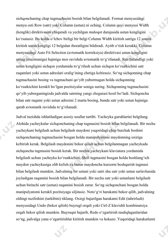 ya) muloqot darchasi ochiladi. bu darchada kiritish satrlarining (polya) eslab qoling. title: (sarlavha), subject: (mavzu), keywords: (kalit so‘zlari), author: (muallif — sizning ismingiz), comments: (kommentariy — sharh). darchani, ok tugmachasiga sichqonchani bosib yopasiz. mavjud faylga qo‘shimcha ma’lumot kiritish uchun uni yuklash kerak. so‘ng file menyusidan summary info direktivasining chaqirasiz. file menyusidagi find file direktivasi yordamida fayllarning (nomlarini ko‘rish mumkin) tez topish mumkin. faylni nomi, mavzusi va kalit so‘zlari bo'yicha qidirib topish mumkin. 0 ‘zgartirilayotgan satr yoki ustunni satr yoki ustun raqamini sichqonchaning chap tugmachasini bosish bilan belgilanadi. format menyusidagi menyu osti row (satr) yoki column (ustun) ni oching. column quyi menyusi width (kenglik) direktivasini chiqaradi va yechilgan muloqot darajasida ustun kengligini ko‘rsatasiz. bu holda o‘lchov birligi bir belgi column width kiritish satriga 12 sonini kiritish ustun kengligi 12 belgidan iboratligini bildiradi. aytib o‘tish kerakki, column menyusidagi auto fit selection (avtomatik korreksiya) direktivasi ustun kengligini uning (mazmuniga) hajmiga mos ravishda avtomatik …